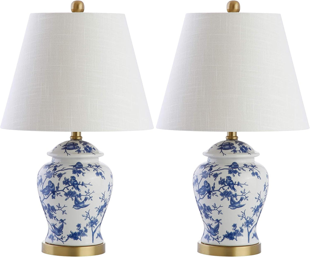 JONATHAN Y 22" Blue/White Ceramic Table Lamp, French Country Chinoiserie Ginger Jar LED Bedside Lamp for Living Room Bedroom, White Linen…