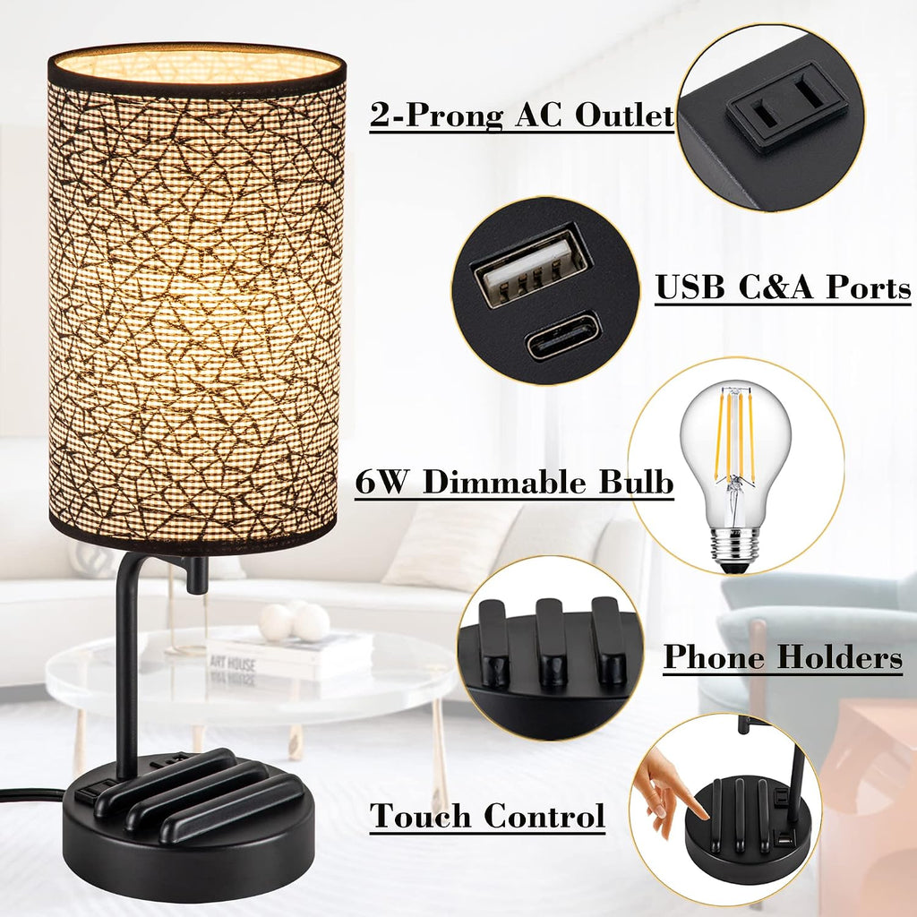Dreamholder Touch Control USB Table Lamp, Upgraded 3-Way Dimmable Nightstand Desk Lamp with USB C & A Charging Ports and AC Outlet…