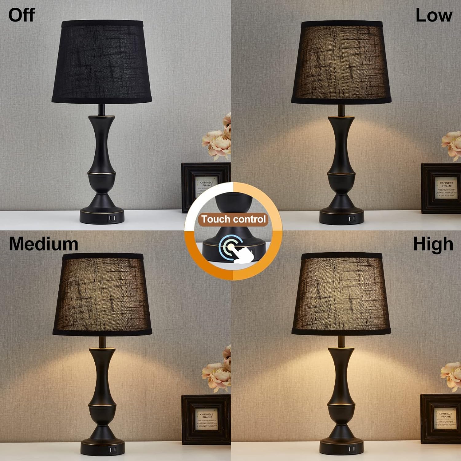 Luvkczc Black Touch Table Lamps Set of 2, 22" Tall Bedside Lamps with USB C+A Charging Ports, Nightstand Lamps for for Bedroom, Living…