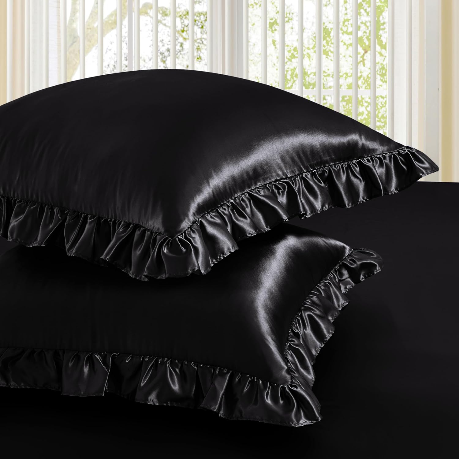 Homiest Ruffle Euro Sham Covers 26x26 Inch Set of 2, Black Satin Pillow Shams with 3 Inch Wide Decorative Ruffled, European Square Satin…