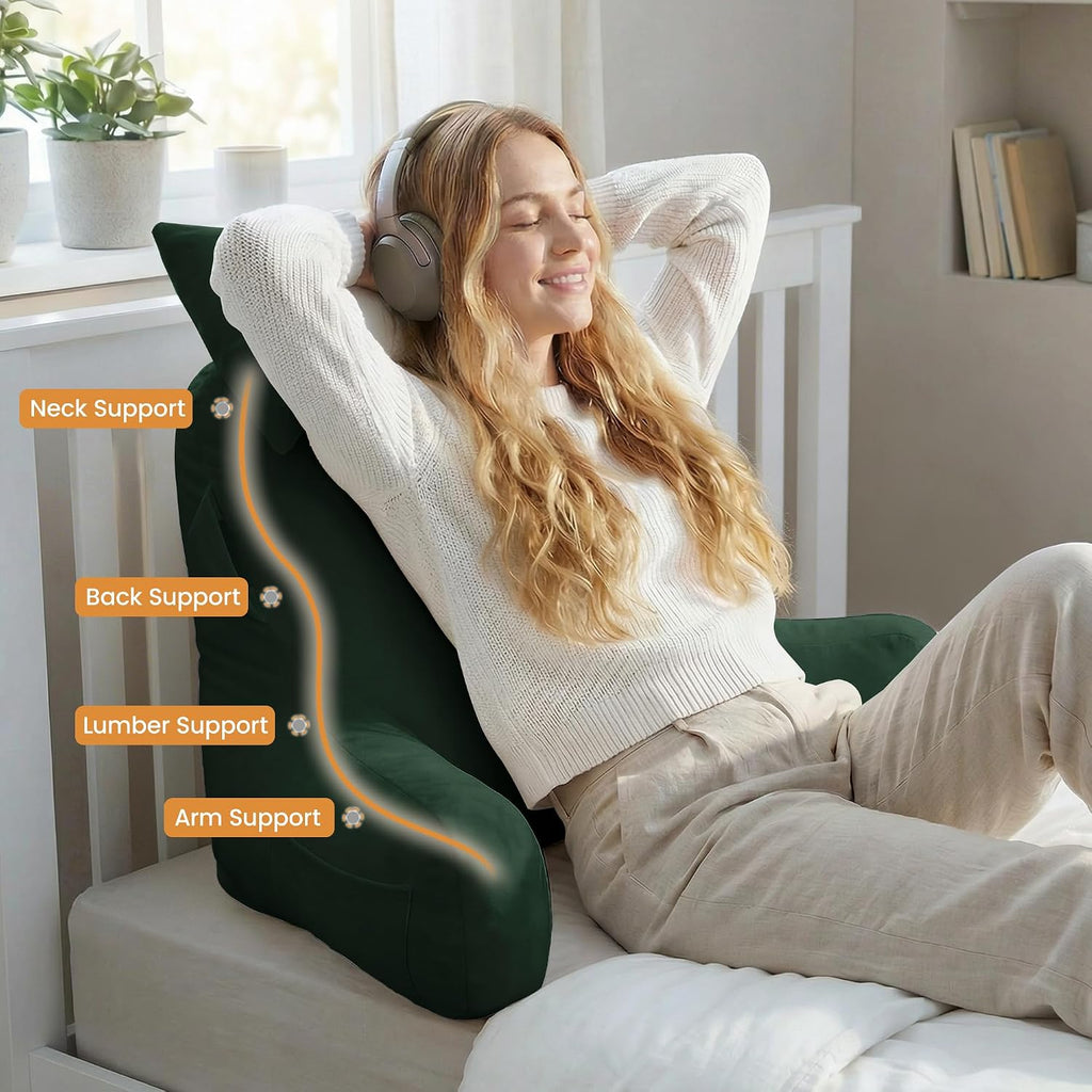 Unisakey Portable Reading Pillows with Headrest for Bed Sitting Up(Dark Green Oeko-Tex), Velvet Back Pillow with Arms & Pockets for…