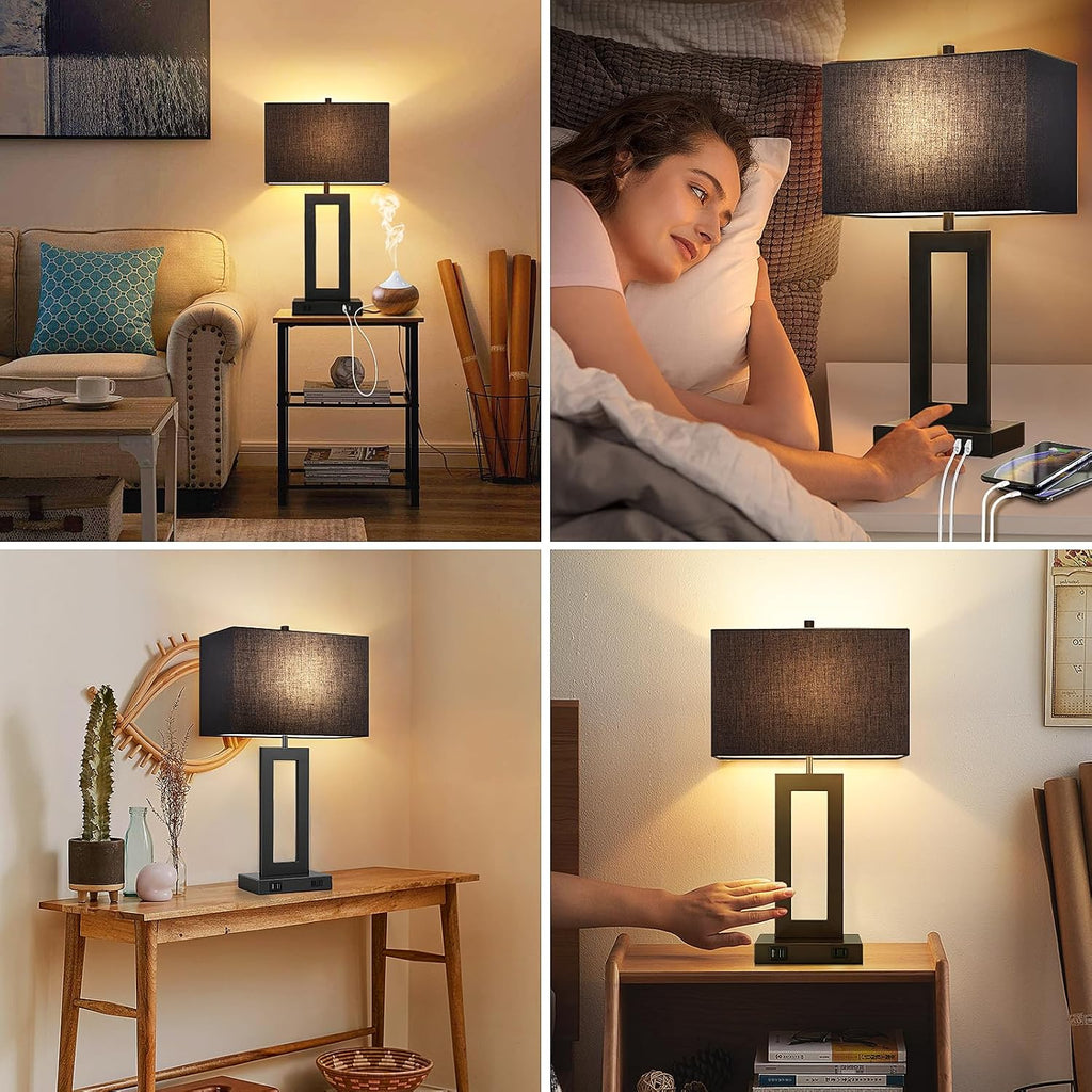 Tobusa Set of 2 Touch Control Table Lamps with 2 USB Ports&AC Outlet, 3-Way Dimmable Modern Nightstand Lamp Sets, Bedside Black Lamps for B…