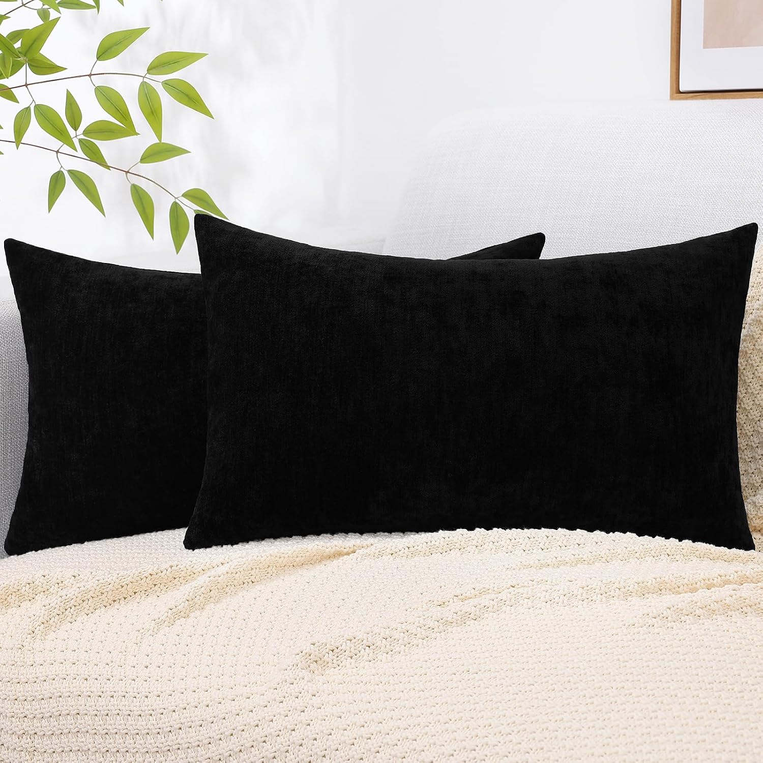 decorUhome Chenille Black Throw Pillow Covers 12x20 Inch Set of 2, Decorative Soft Couch Pillow Covers Solid Dyed Accent Farmhouse Neutral…