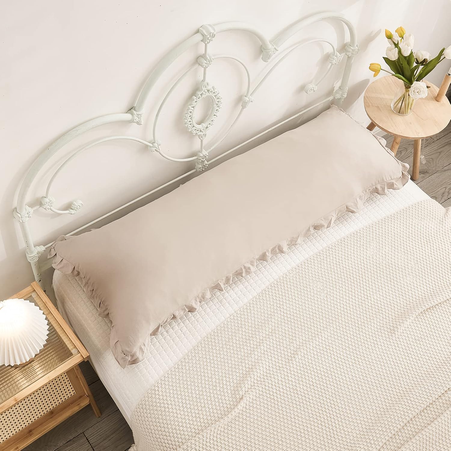 Merryword Taupe Body Pillow Cover 20x54inches Long Pillowcase Ruffled Pillowcases Shabby Chic Ruffled Fringe Decor Body Ruffled Pillow Sham…