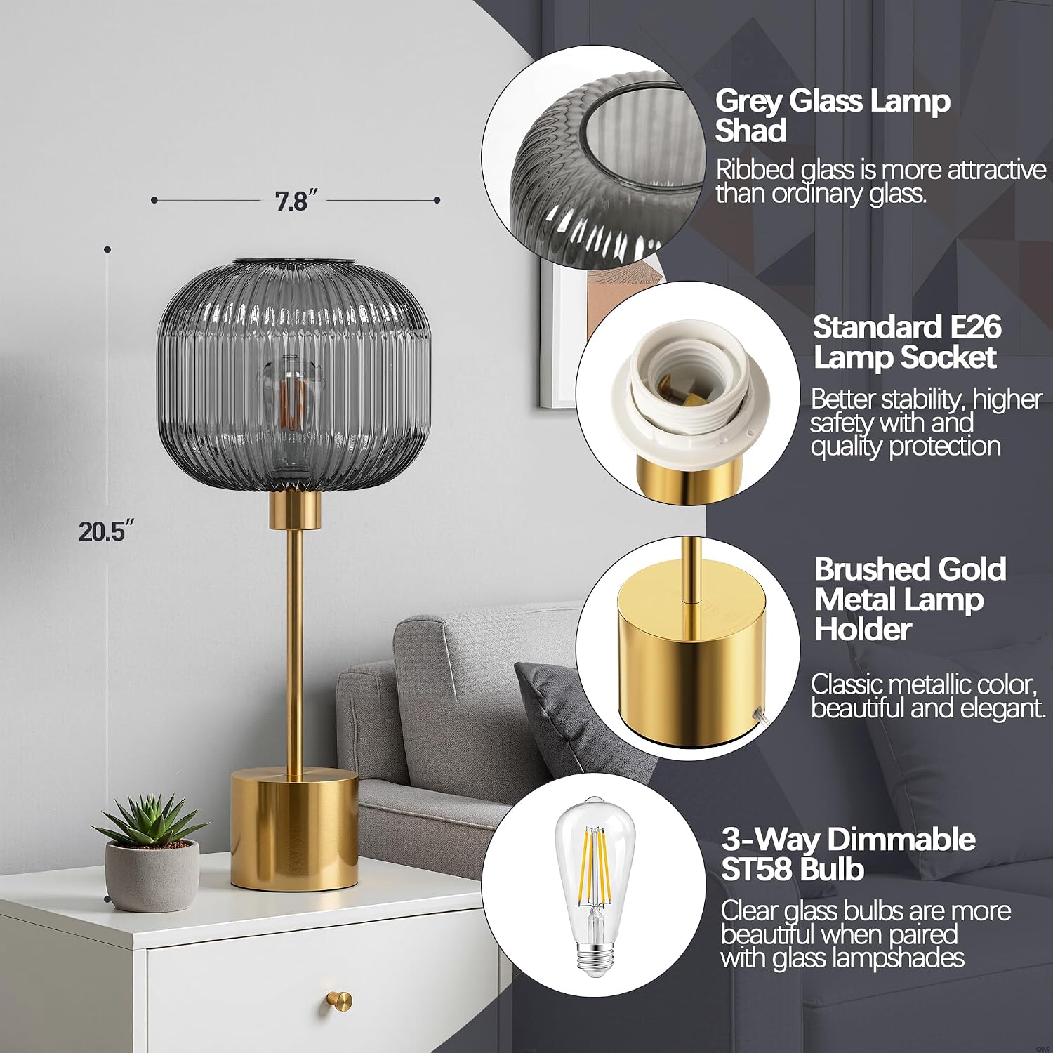 QiMH Glass Table Lamp for Living Room, Modern Bedside Lamp with Grey Ribbed Glass Shade, 3-Way Dimmable Touch Control Nightstand Lamp for…