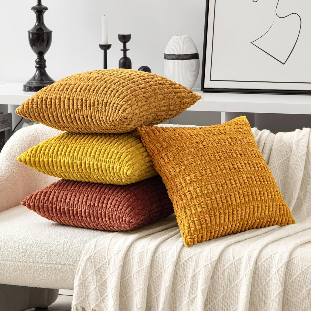 Miulee Pack of 4 Fall Boho Farmhouse Orange Yellow Corduroy Decorative Throw Pillow Covers 18x18 Inch Soft Striped Pillow Covers Modern Rus…
