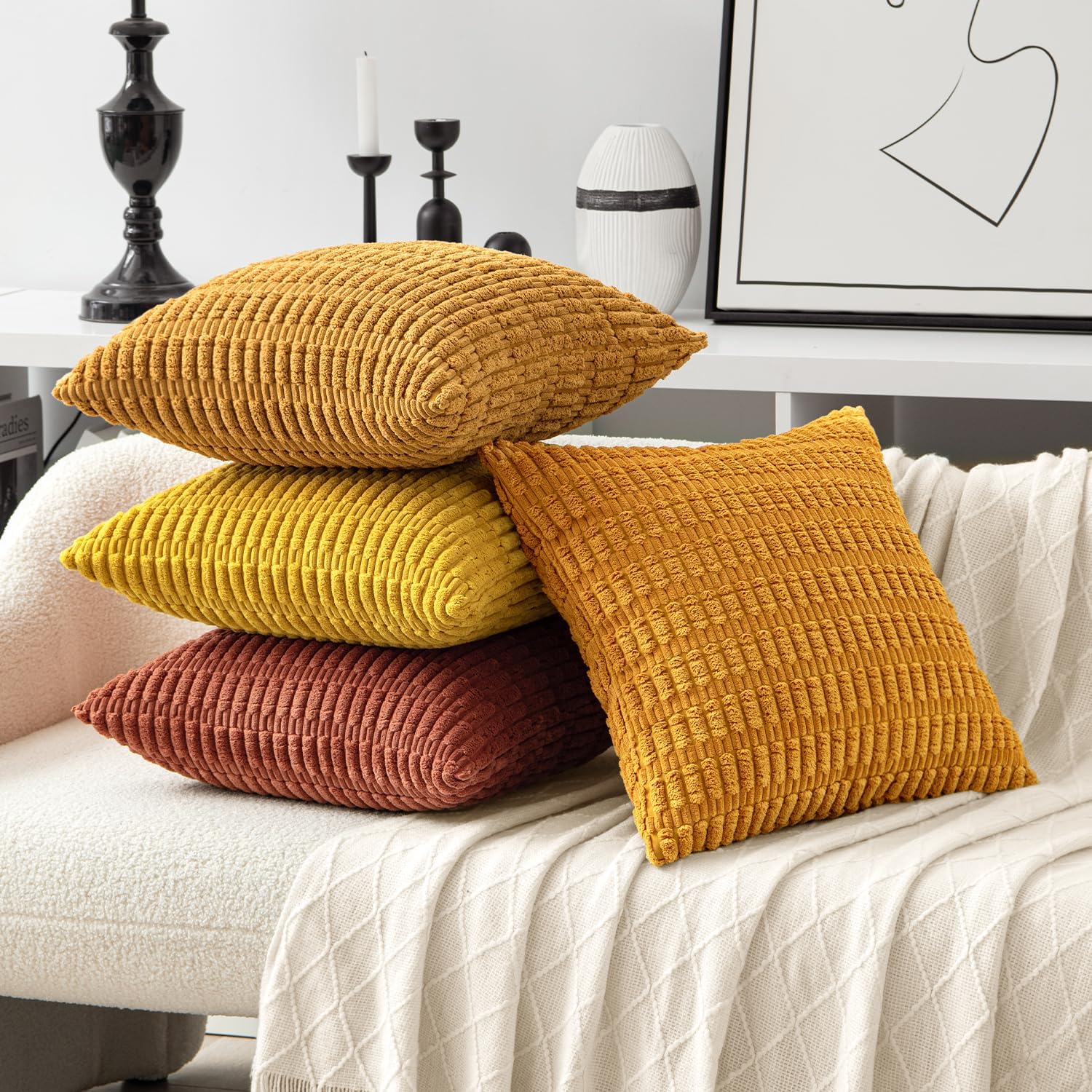 Miulee Pack of 4 Fall Boho Farmhouse Orange Yellow Corduroy Decorative Throw Pillow Covers 18x18 Inch Soft Striped Pillow Covers Modern Rus…