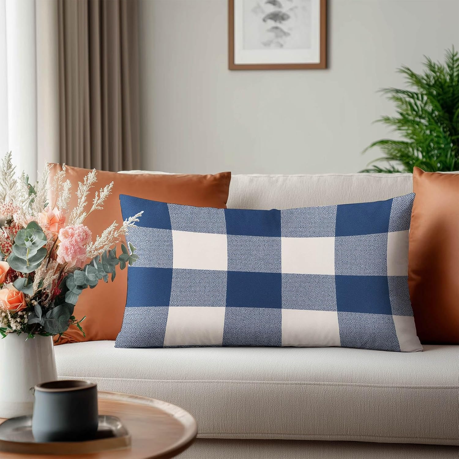 HOMETITUTE Blue Plaid Pillow Covers Decorative Pack of 2 Satin 12x20 Inch Lumbar Throw Pillow Cases for Sofa Couch Living Room Farmhouse…