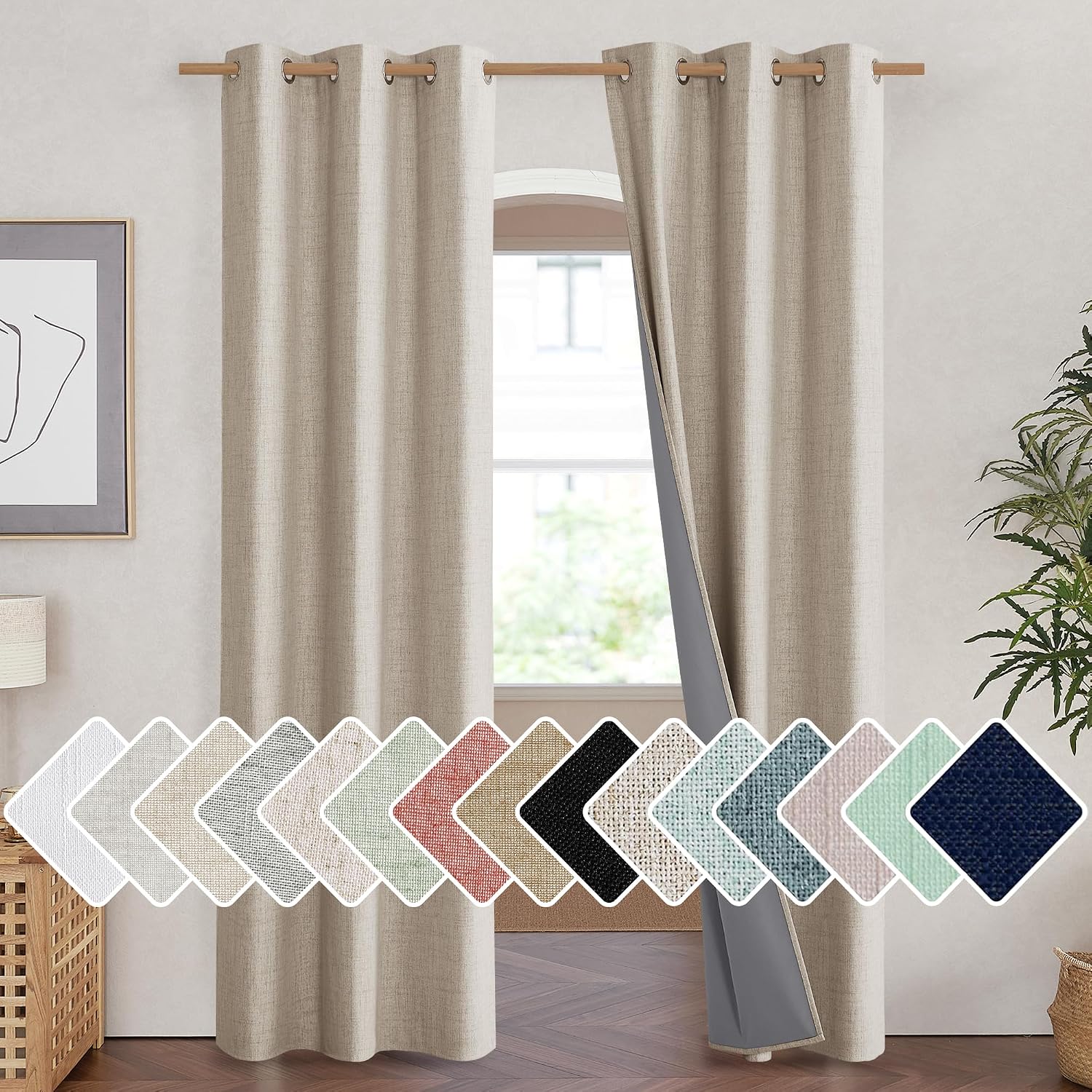 NICETOWN Oatmeal Full Blackout Boho-Chic Linen Curtains 84 inch Long 2 Panels Set for Cafe Window, 42 inch Wide, Thick Linen Blend…