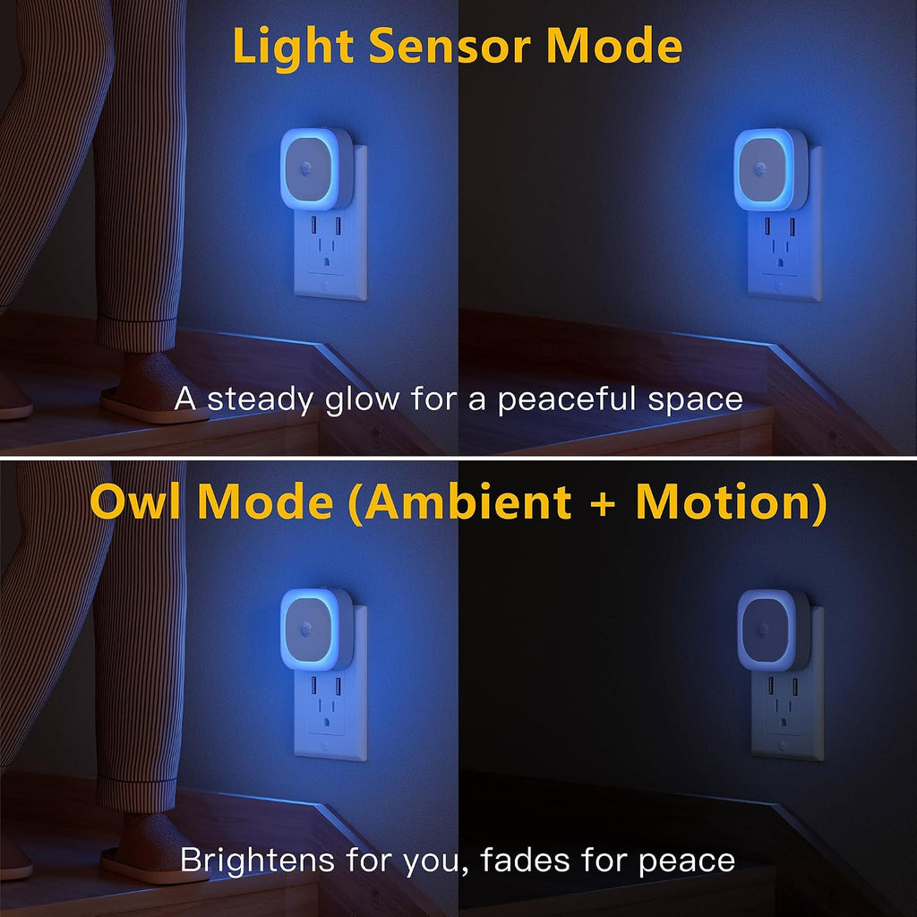 YUNLEX 2 Pack Plug in Night Light with Motion Sensor & Dusk to Dawn Sensor, 3 Sensor Modes, Auto ON/Off, Dimmable, Night Lights Plug into…