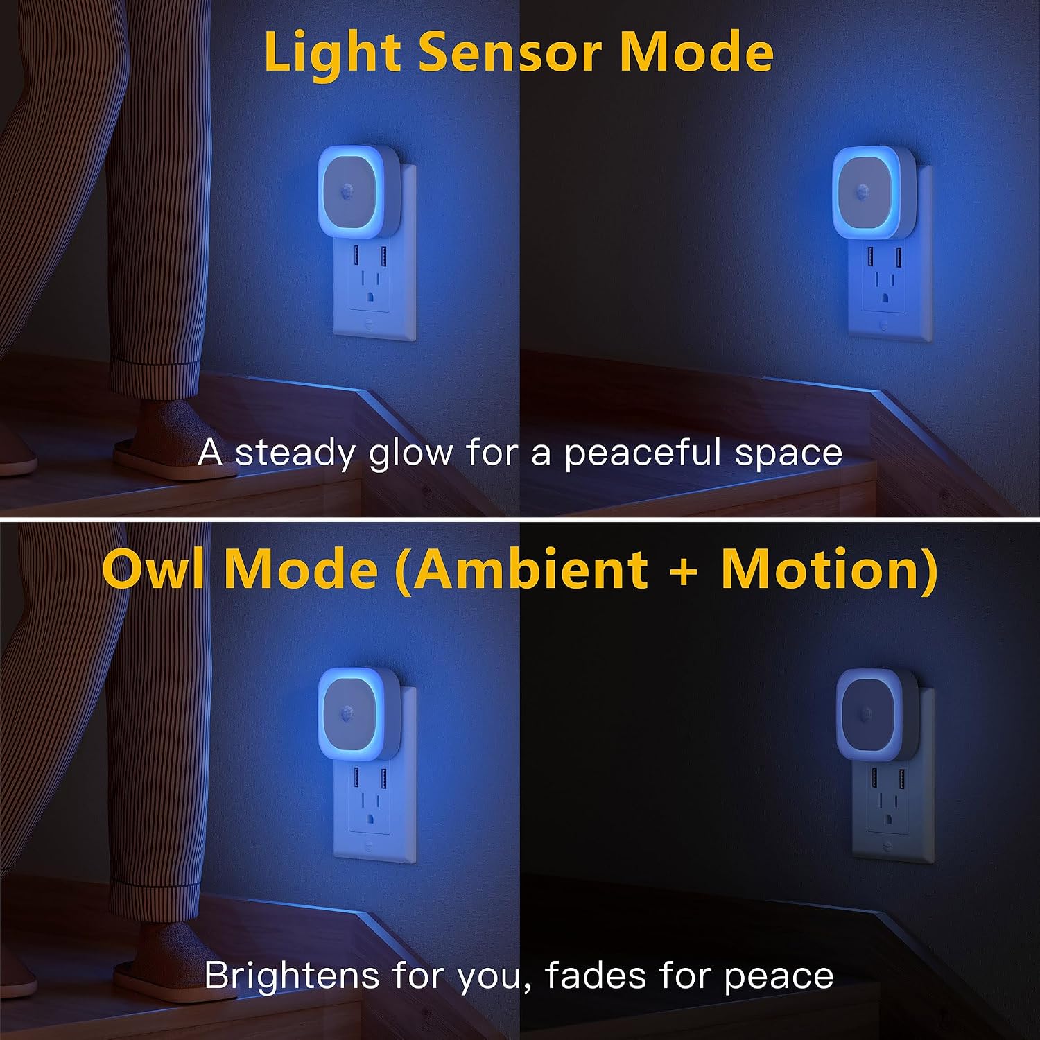 YUNLEX 2 Pack Plug in Night Light with Motion Sensor & Dusk to Dawn Sensor, 3 Sensor Modes, Auto ON/Off, Dimmable, Night Lights Plug into…