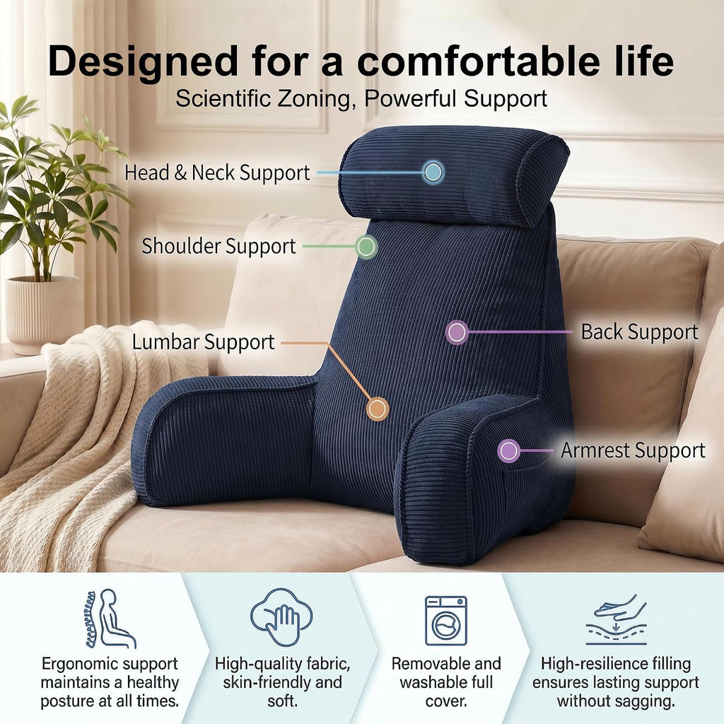 Ailuteie Bed Rest Reading Pillow with Arms & Detachable Headrest, Corduroy Backrest Cushion with Side Pockets & Washable Cover, Support Pil…