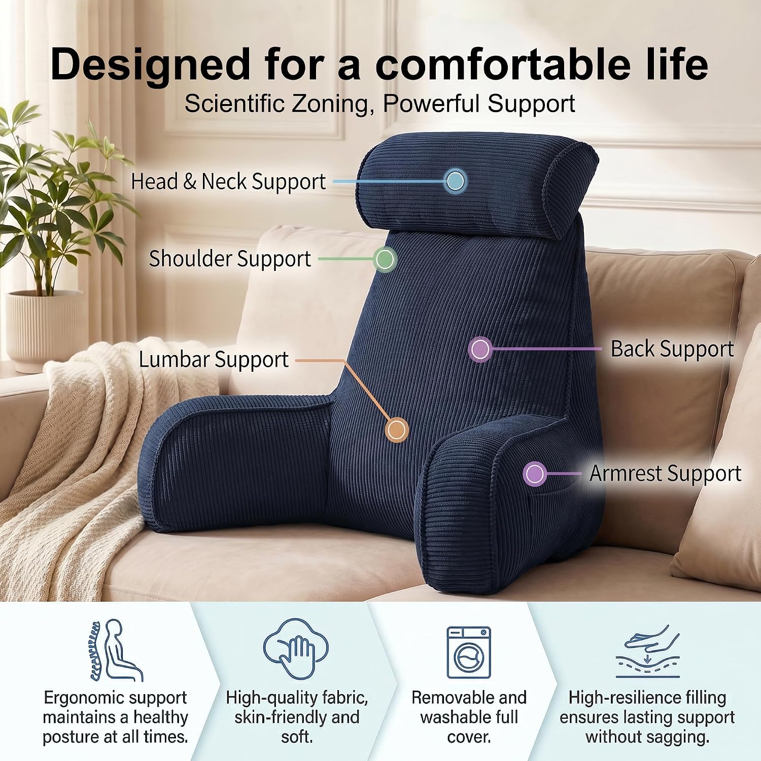 Ailuteie Bed Rest Reading Pillow with Arms & Detachable Headrest, Corduroy Backrest Cushion with Side Pockets & Washable Cover, Support Pil…