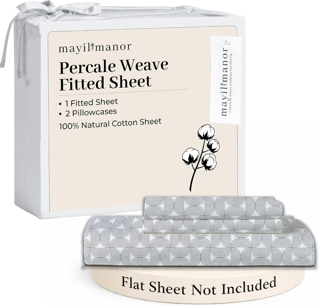 Queen Size Fitted Sheet with 18" Deep Pockets, No Flat - Percale Weave Natural - Breathable 100% Cotton Printed Bedding, 1 Fitted Sheet +…