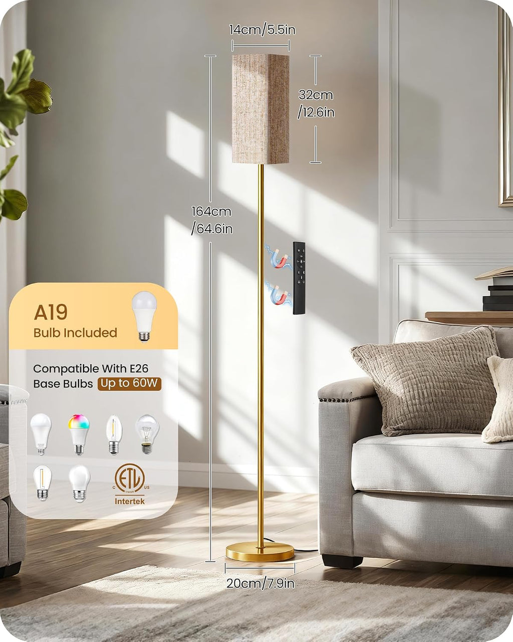 64.2” Dimmable Floor Lamp for Living Room with Remote and Foot Switch, Corner Floor Lamp for Bedroom, Includes 10W A19 Bulb, Modern…