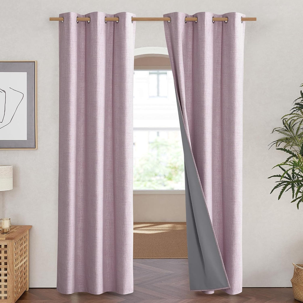 NICETOWN Pink Vintage Linen 100% Blackout Curtains for Living Room, Thermal Insulated Curtains 90" Long, Noise Reducing Window Treatment…