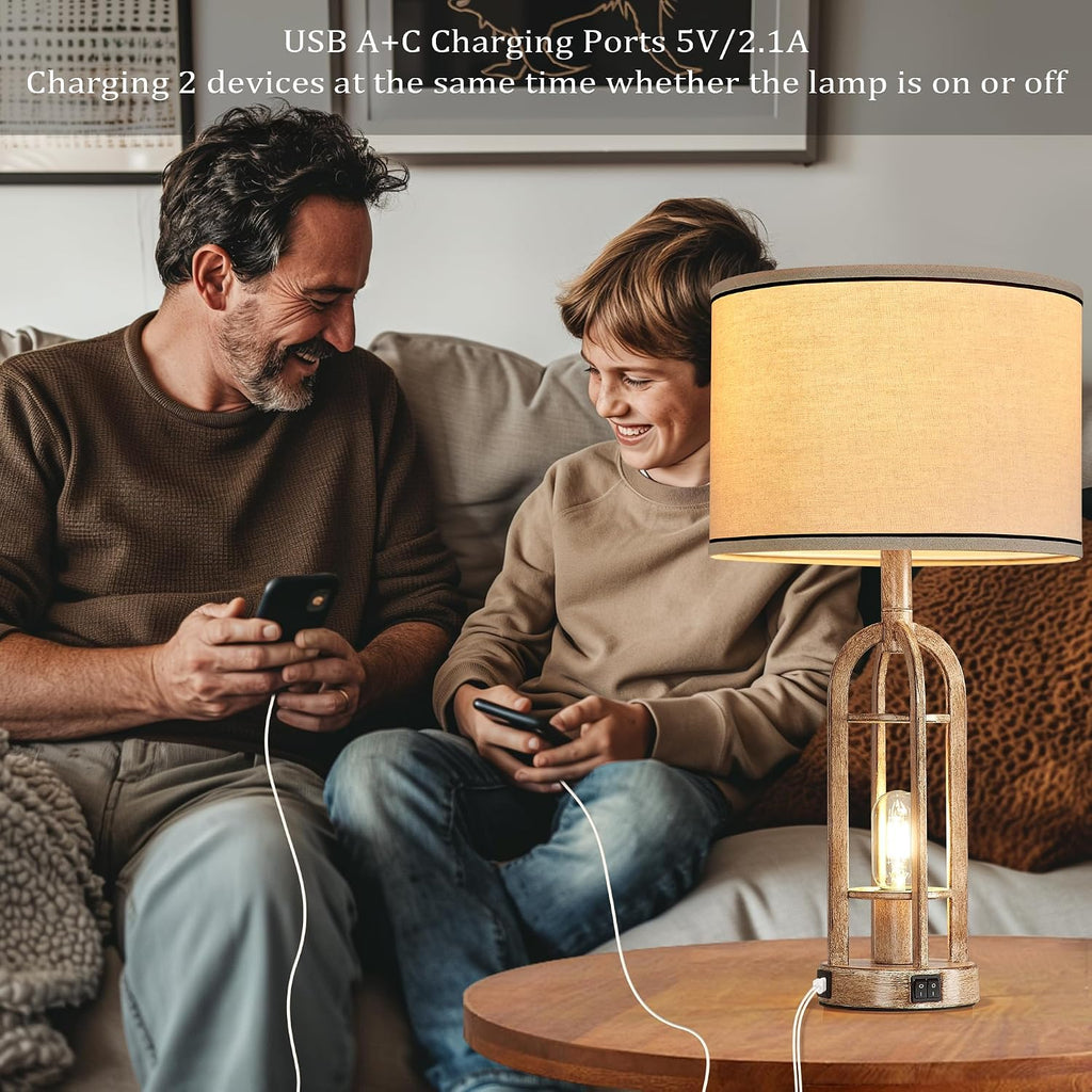 SRJJA Farmhouse Table Lamps for Living Room End Table Set of 2 - Rustic Bedside Lamps for Bedroom Nightstand with Night Light & USB A+C…