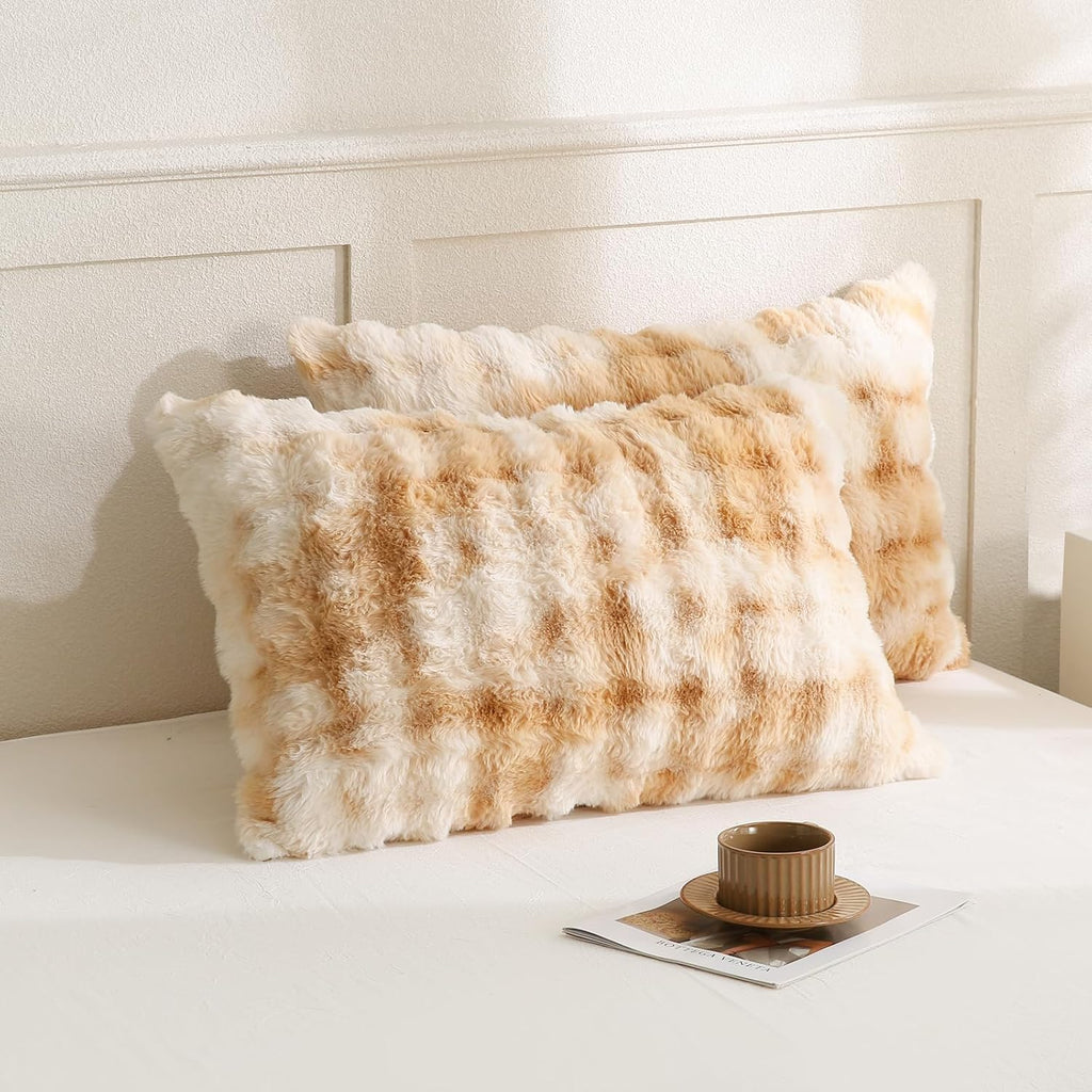Chumerry Beige Fuzzy Pillow Case Faux Fur Pillow Cover Chic Plaid Check Texture Extra Soft Fluffy Plush Shaggy Fabric Tie Dye Decorative Pi…