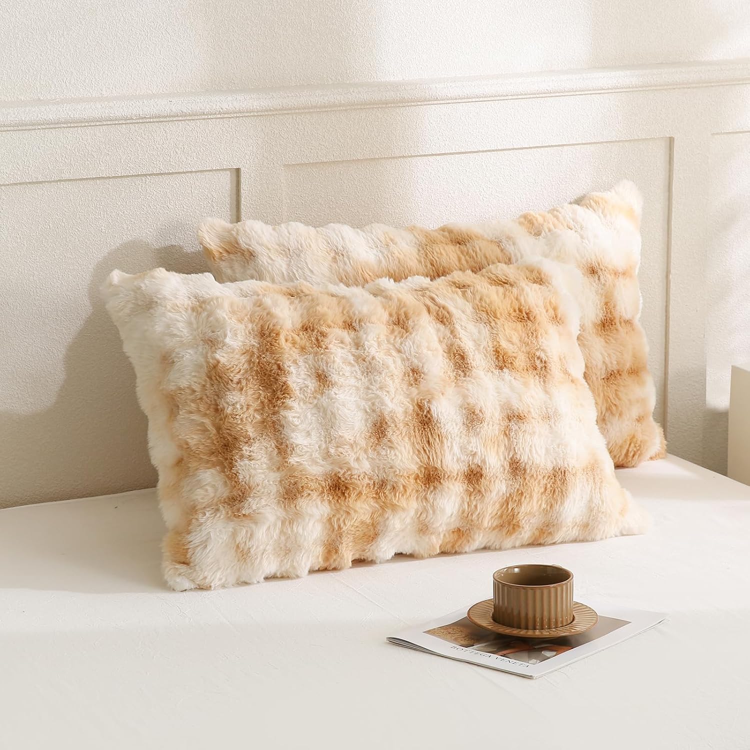 Chumerry Beige Fuzzy Pillow Case Faux Fur Pillow Cover Chic Plaid Check Texture Extra Soft Fluffy Plush Shaggy Fabric Tie Dye Decorative Pi…