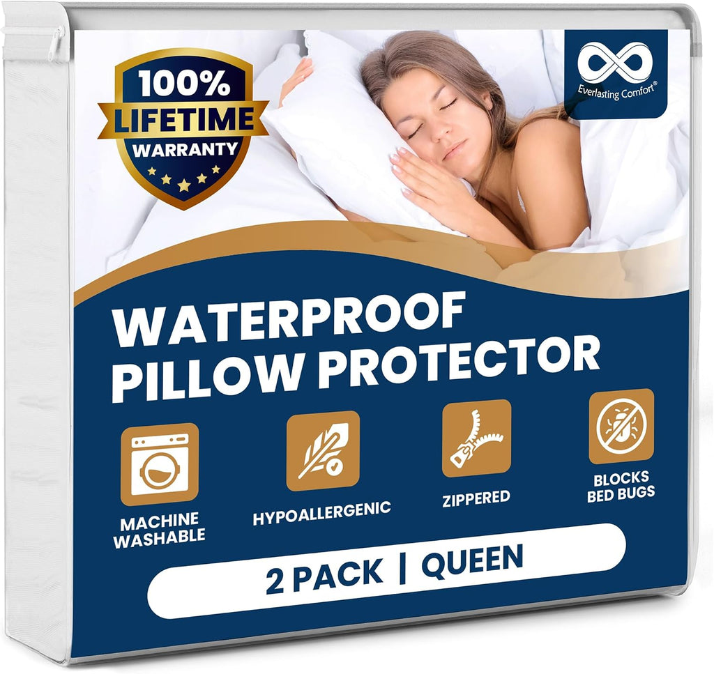 EverlastingComfort 100% Stain Resistant & Waterproof Queen Size Pillow Protectors with Zipper Set of 2 - Bed Bug & Dust Mite Proof White Pi…