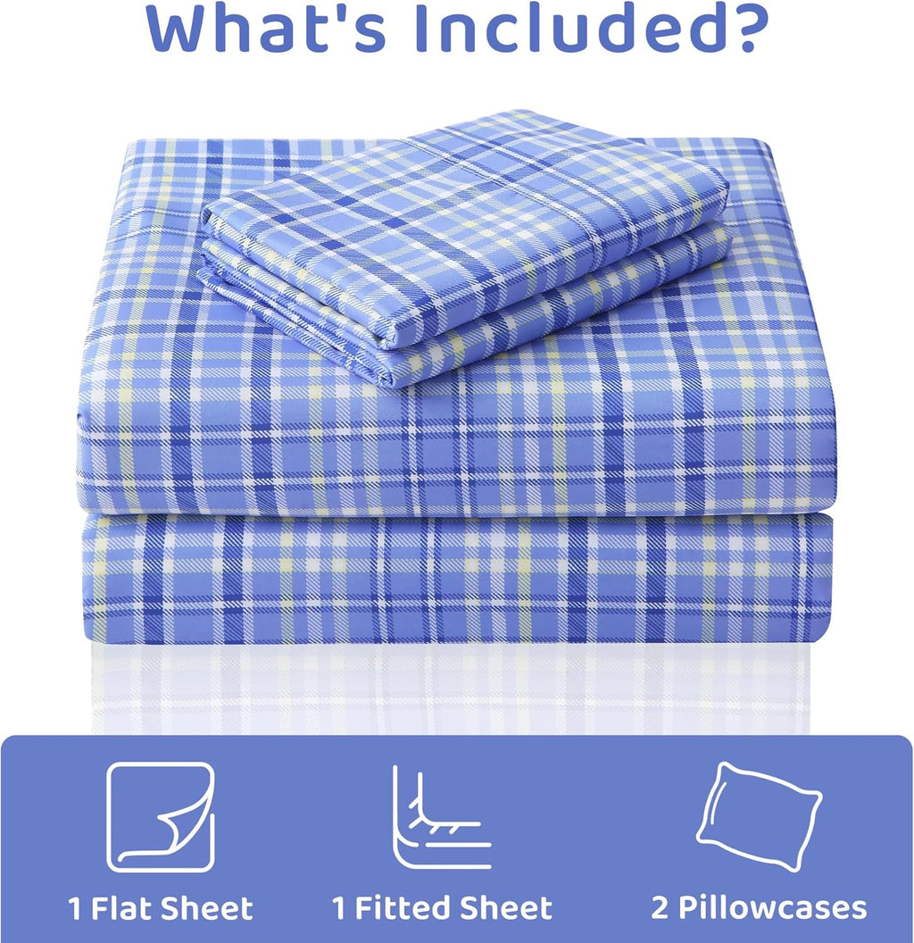 mooreeke Cozy Plaid Microfiber Printed Full Sheet Set - Soft & Breathable Purple Yellow Plaid Bed Sheets with Extra Deep Pocket - Non-Slip…