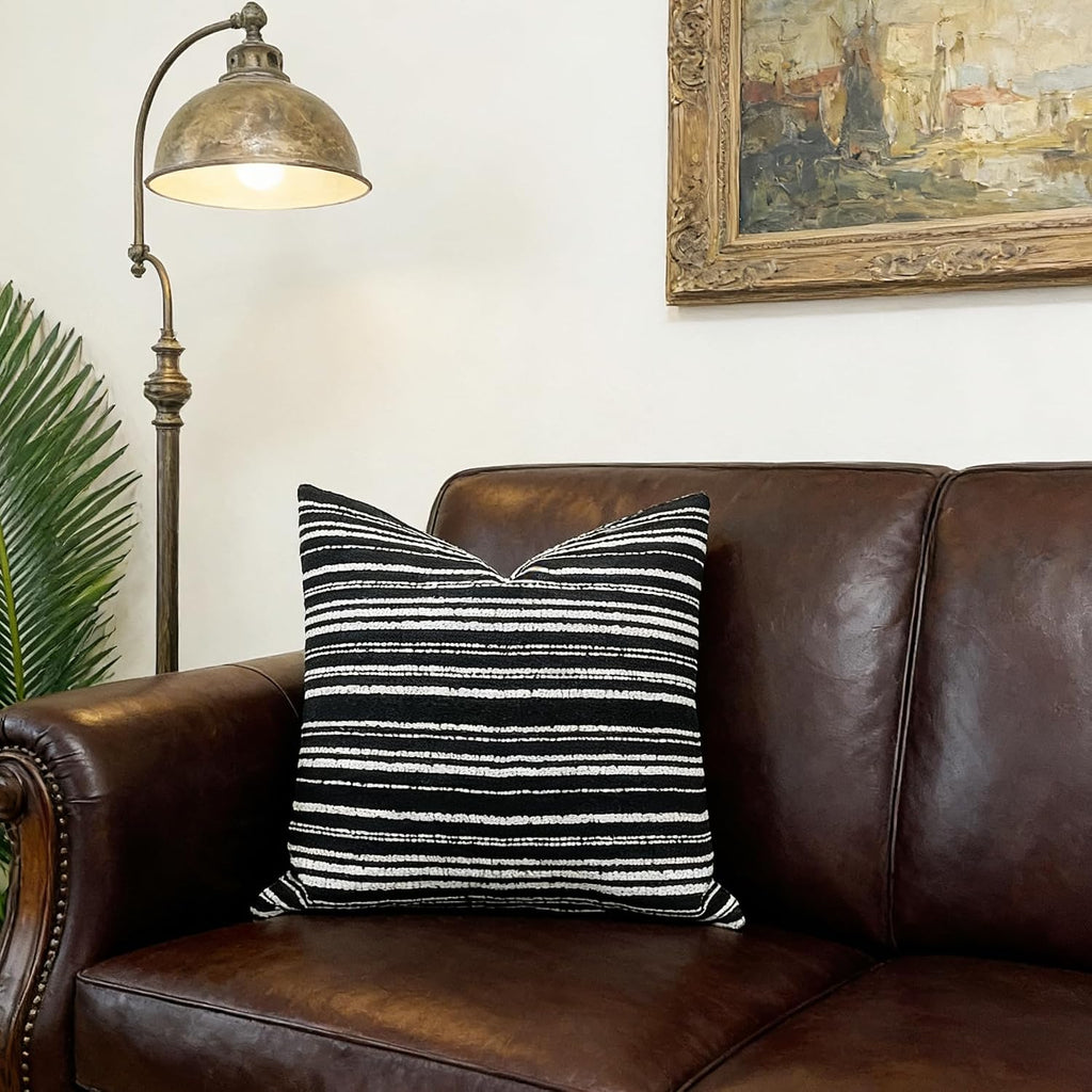 Slow Cow Boho Chenille Textured Woven Stripe Throw Pillow Covers 18 x18 Cushion Cover Black Pillow Cover Pillowcase