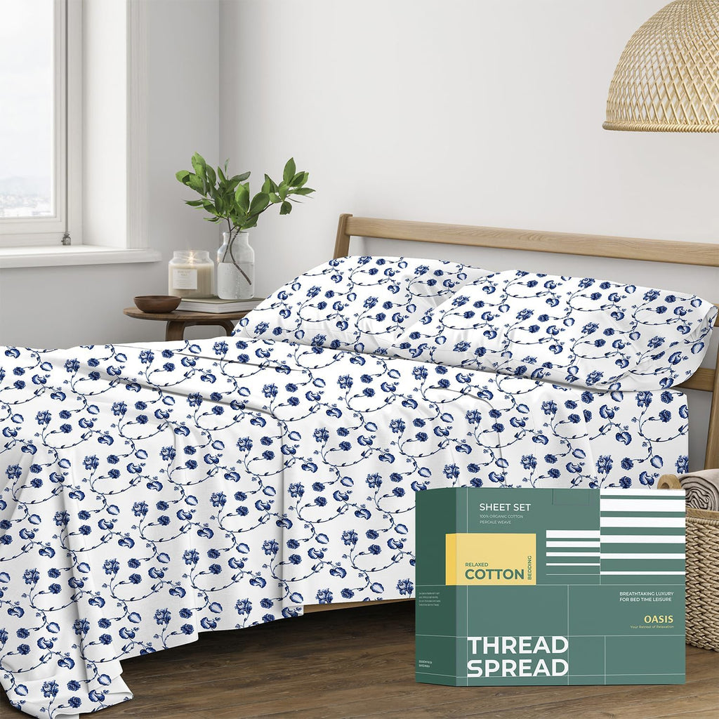 THREAD SPREAD 100% Organic Cotton Sheets Twin XL Size - Organic Cotton Percale Weave Sheet Set (3 PC, Floral Blue), Soft, Cooling, Crisp…