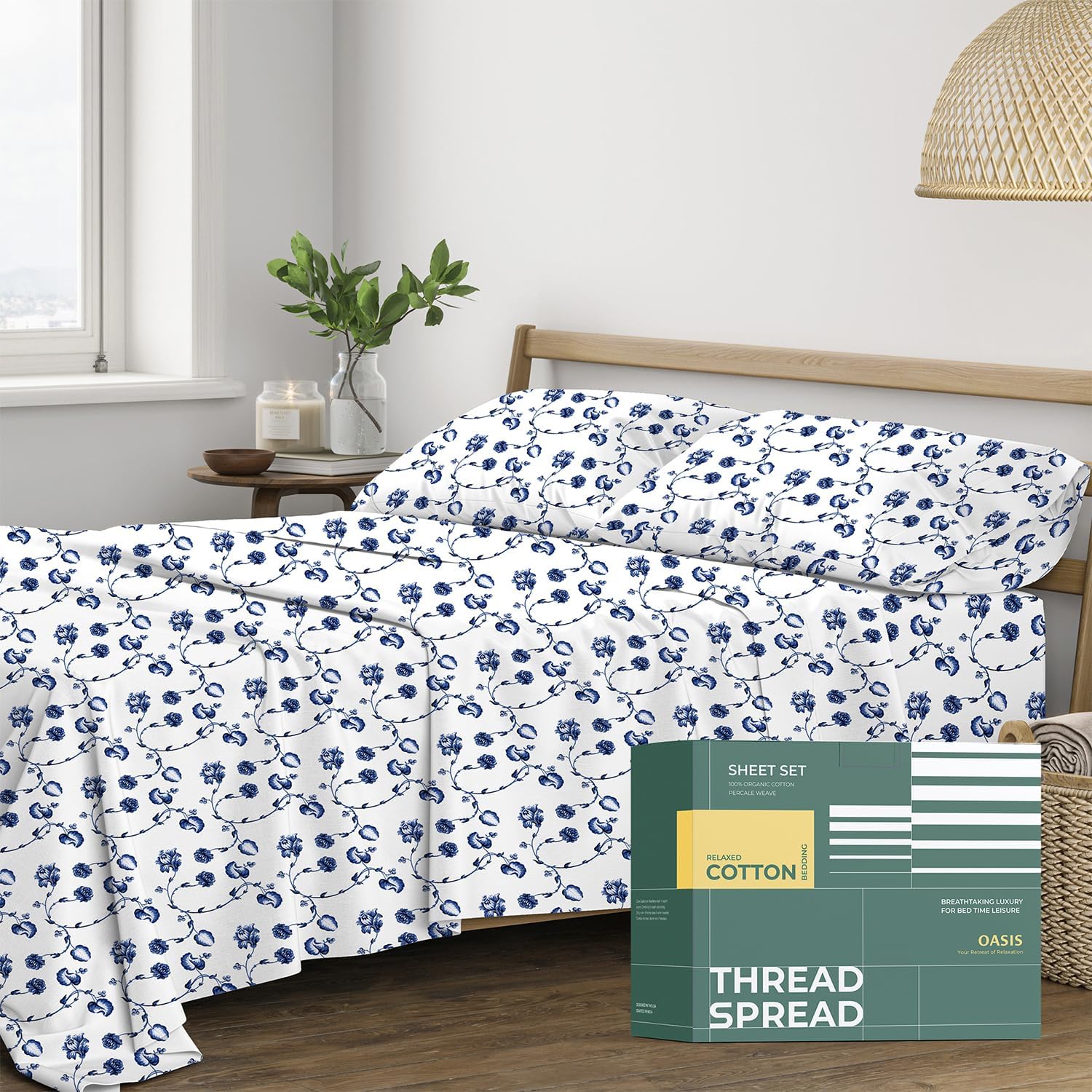 THREAD SPREAD 100% Organic Cotton Sheets Twin XL Size - Organic Cotton Percale Weave Sheet Set (3 PC, Floral Blue), Soft, Cooling, Crisp…
