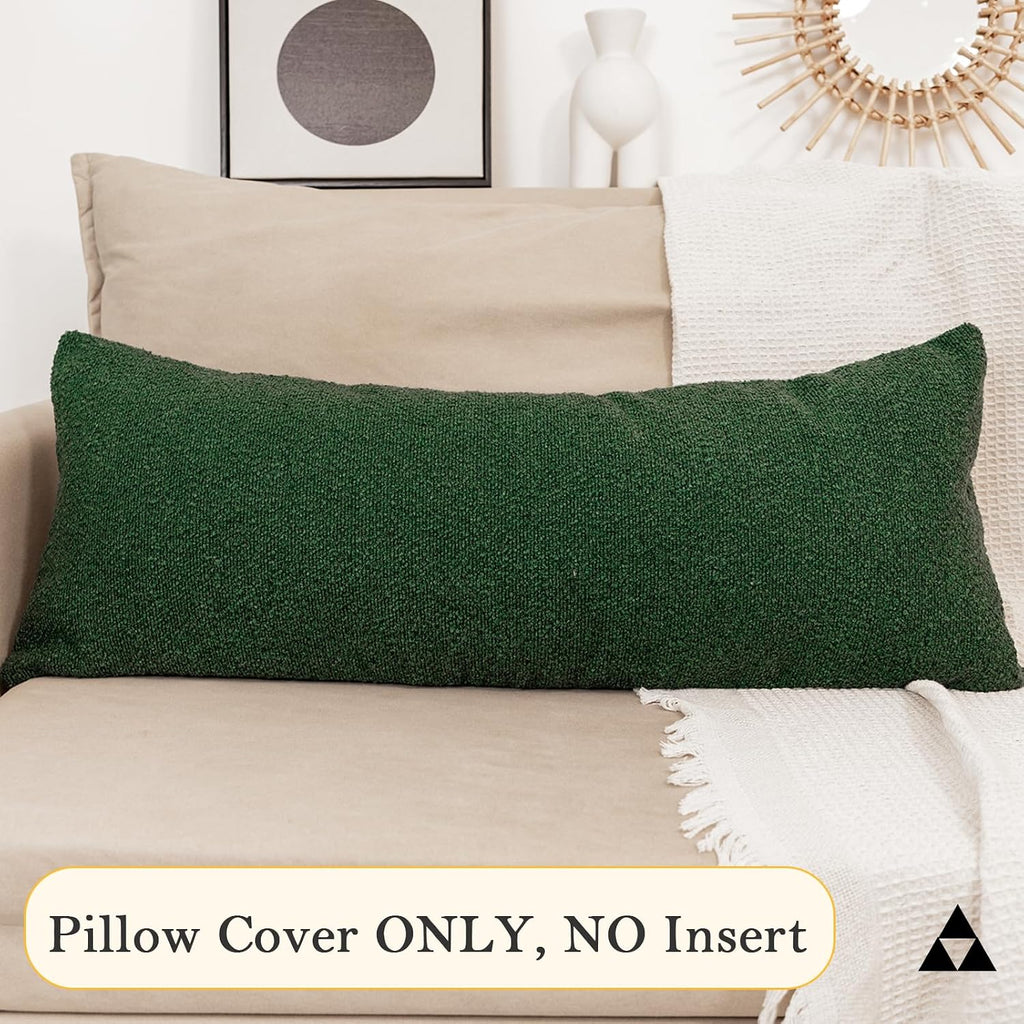 JoraLion 14x36 inch Boucle Lumbar Pillow Cover, Forest Elf Green Woven Texture Neutral Long Pillow Cover Breathable Cushion Case for…
