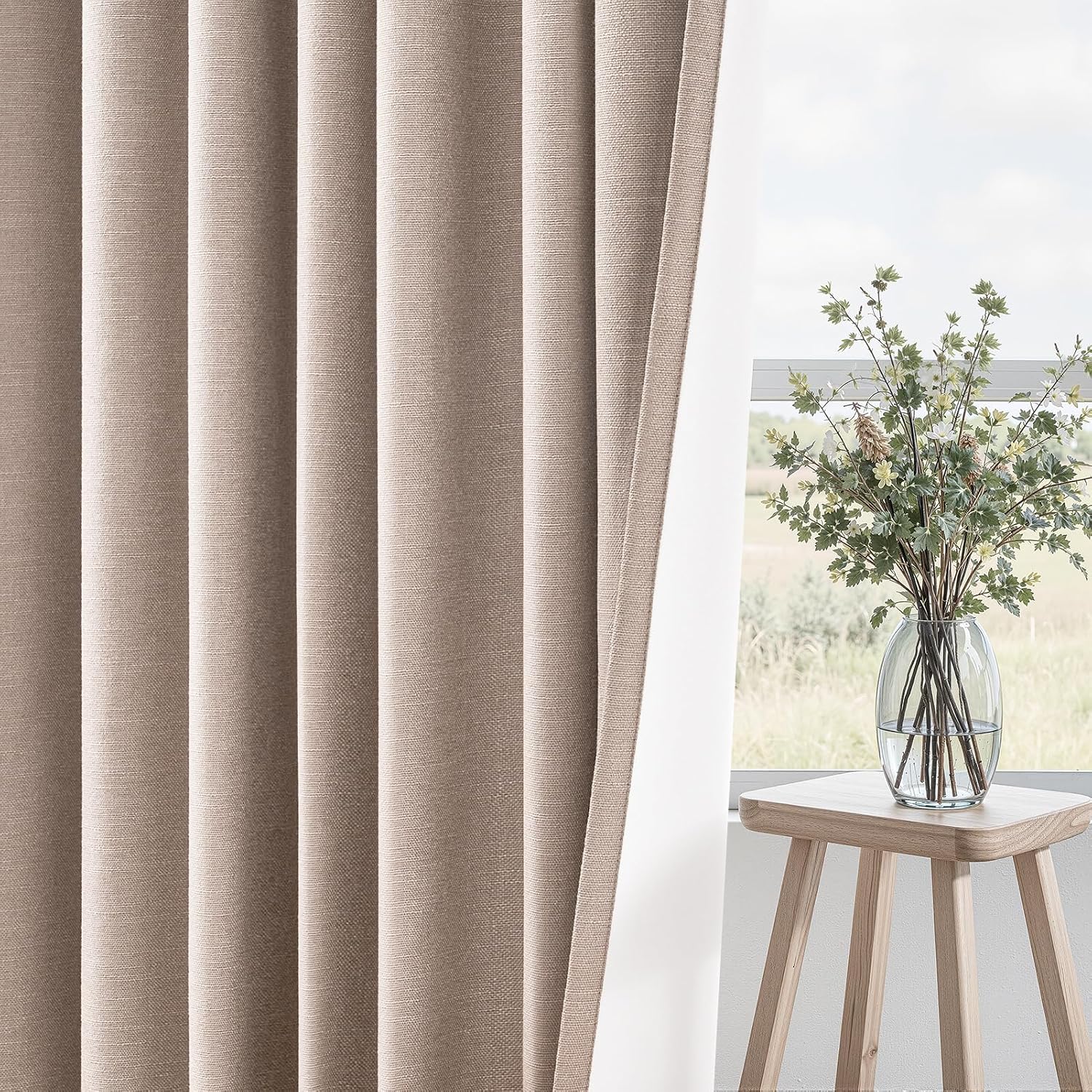 Topfinel 90 inch long linen Blackout curtains 2 Panels 100% Black out Linen texture Curtain Window Drapes with Back Tab Rod Pocket Light Bl…