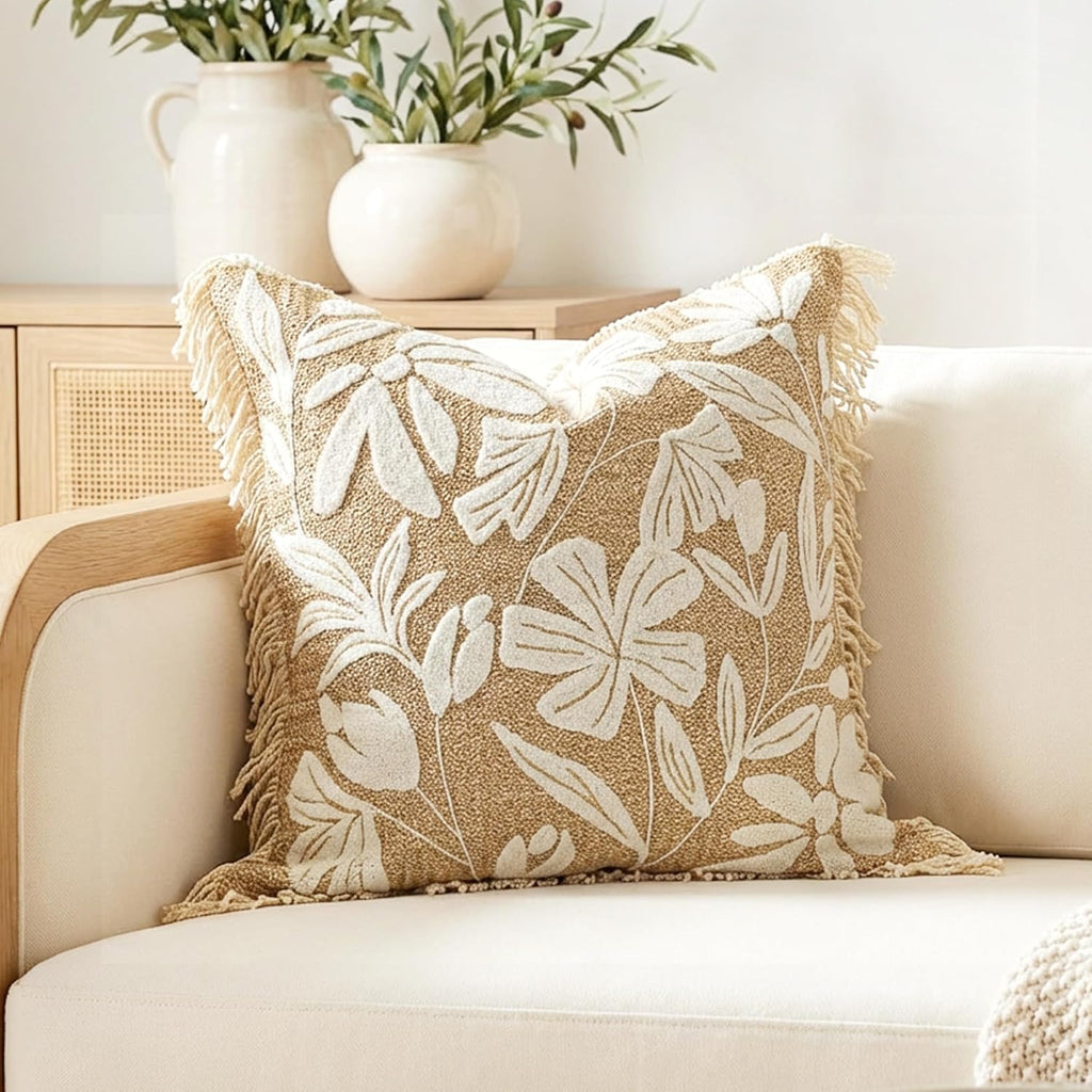 BlissBlush Jute Decorative Spring Accent Throw Pillow Cover 20X20, Neutral Floral Farmhouse Textured Pillowcase for Couch Sofa Living…