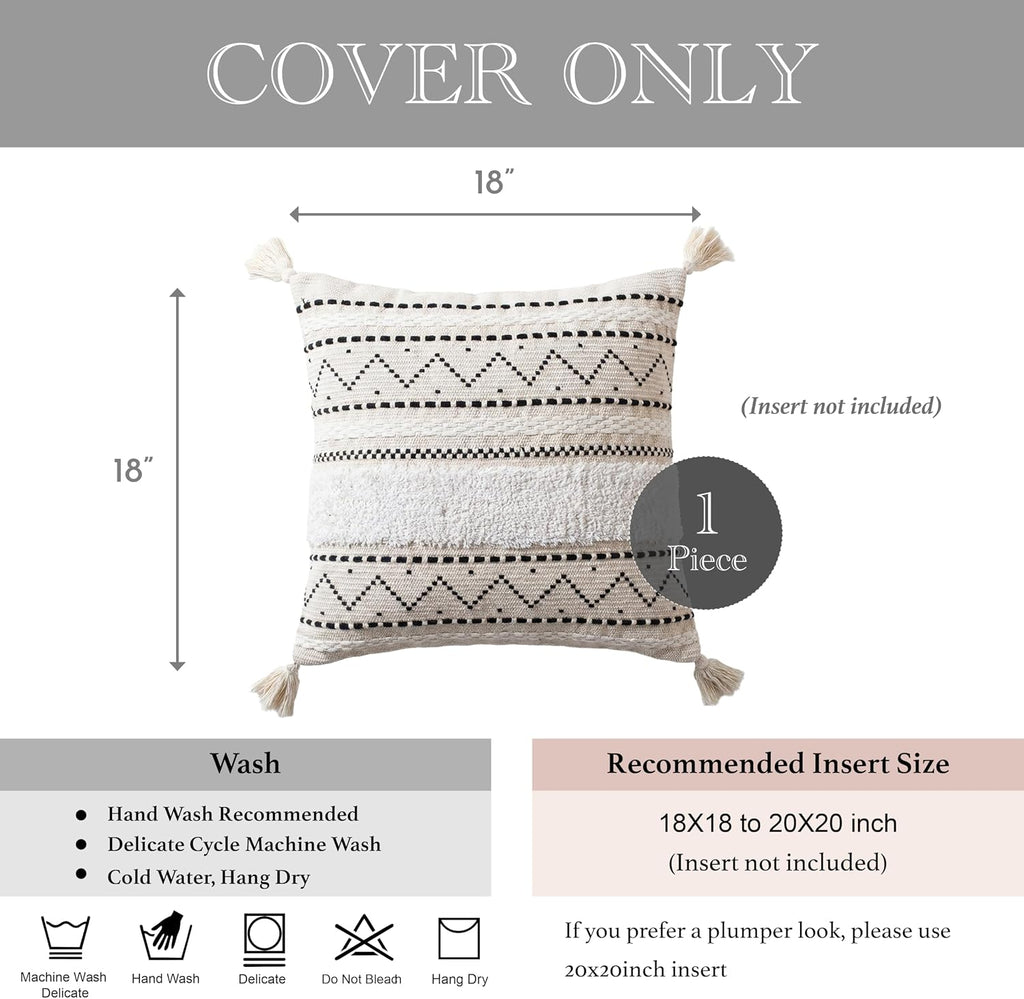 BlissBlush 18X18 Throw Pillow Cover, Cream Neutral Square Decorative Cushion Cover with Black Pattern, Boho Accent Pillowcase with Tufted…