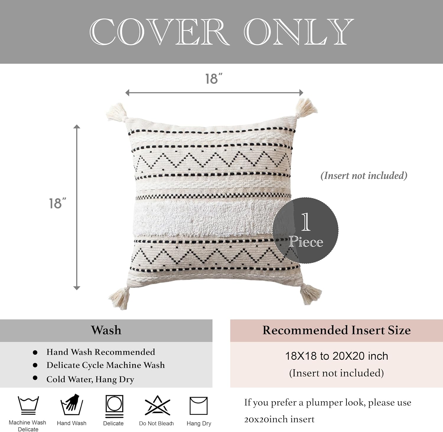 BlissBlush 18X18 Throw Pillow Cover, Cream Neutral Square Decorative Cushion Cover with Black Pattern, Boho Accent Pillowcase with Tufted…