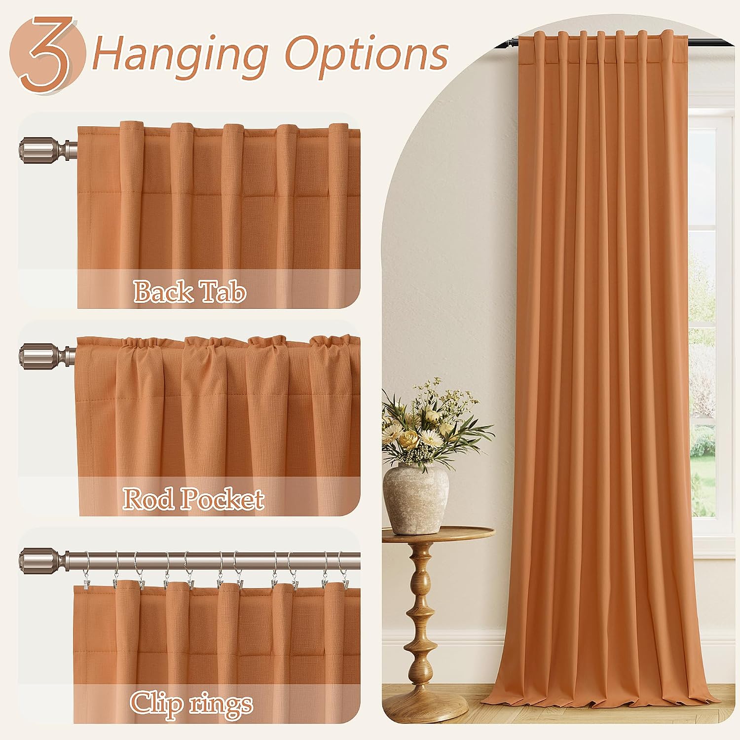 Guken Orange 100% Blackout Linen Curtains 102 Inch Length 2 Panels Set for Living Room Bedroom Back Tab Thermal Insulated 100% Black Out Dr…