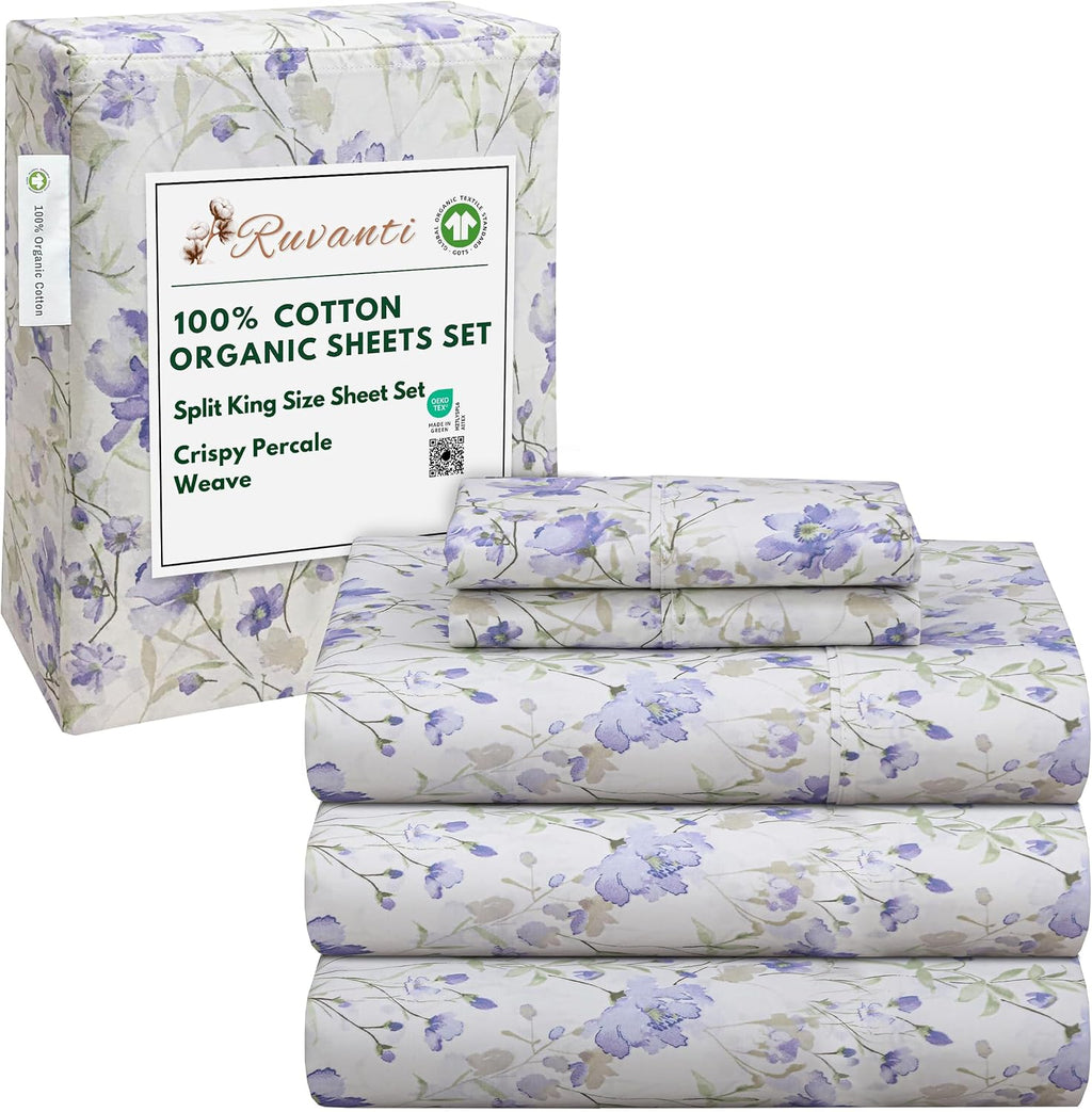 Ruvanti 100% Cotton Organic Percale Sheets Split King Size – Crisp Cooling Bed Sheets for Hot Sleepers, Deep Pocket 15”, Soft Peach Finish,…