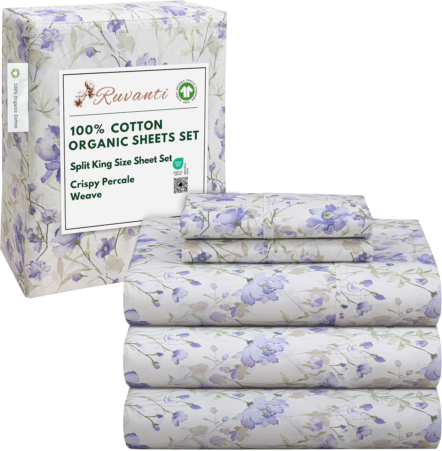 Ruvanti 100% Cotton Organic Percale Sheets Split King Size – Crisp Cooling Bed Sheets for Hot Sleepers, Deep Pocket 15”, Soft Peach Finish,…