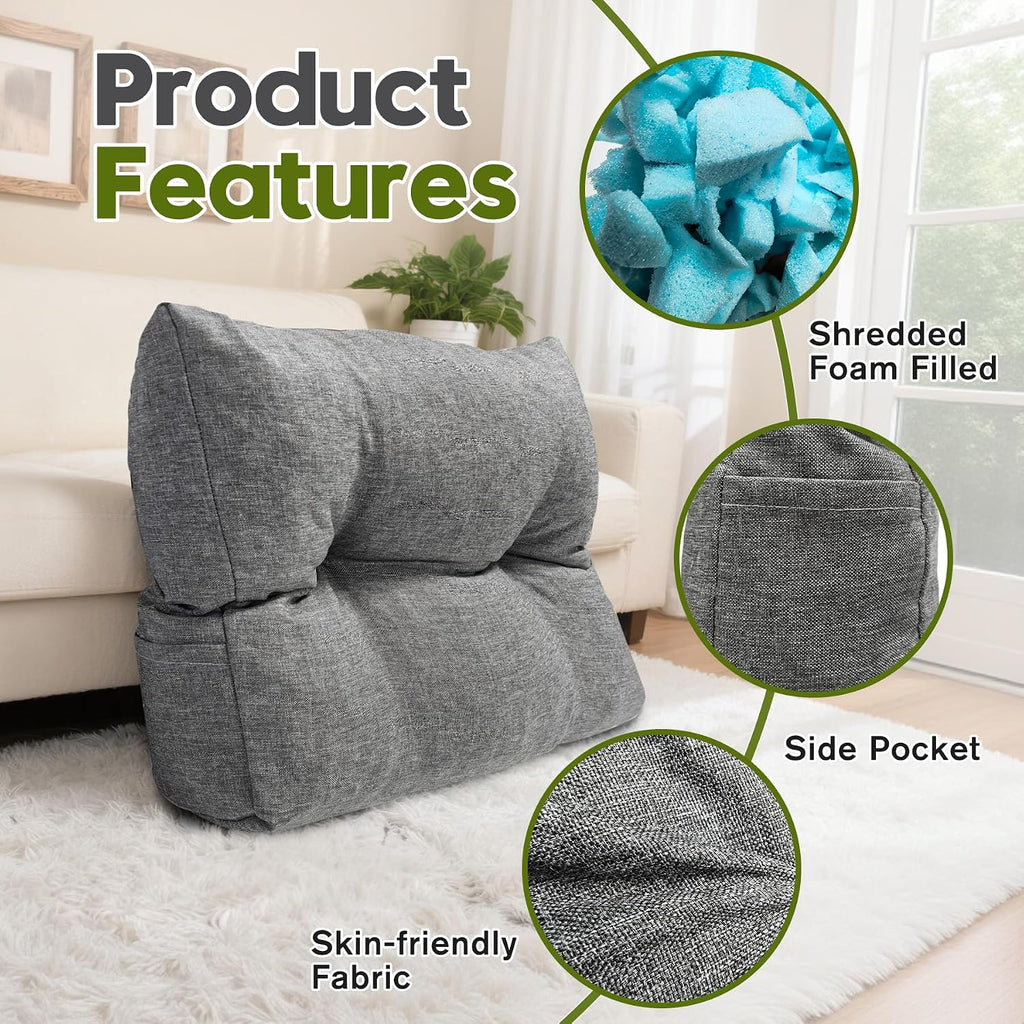 Back Cushion for Couch Wedge Lumbar Support Backrest Pillow with Shredded Foam Filled and Side Pocket Sofa Back Cushions for Sitting &…