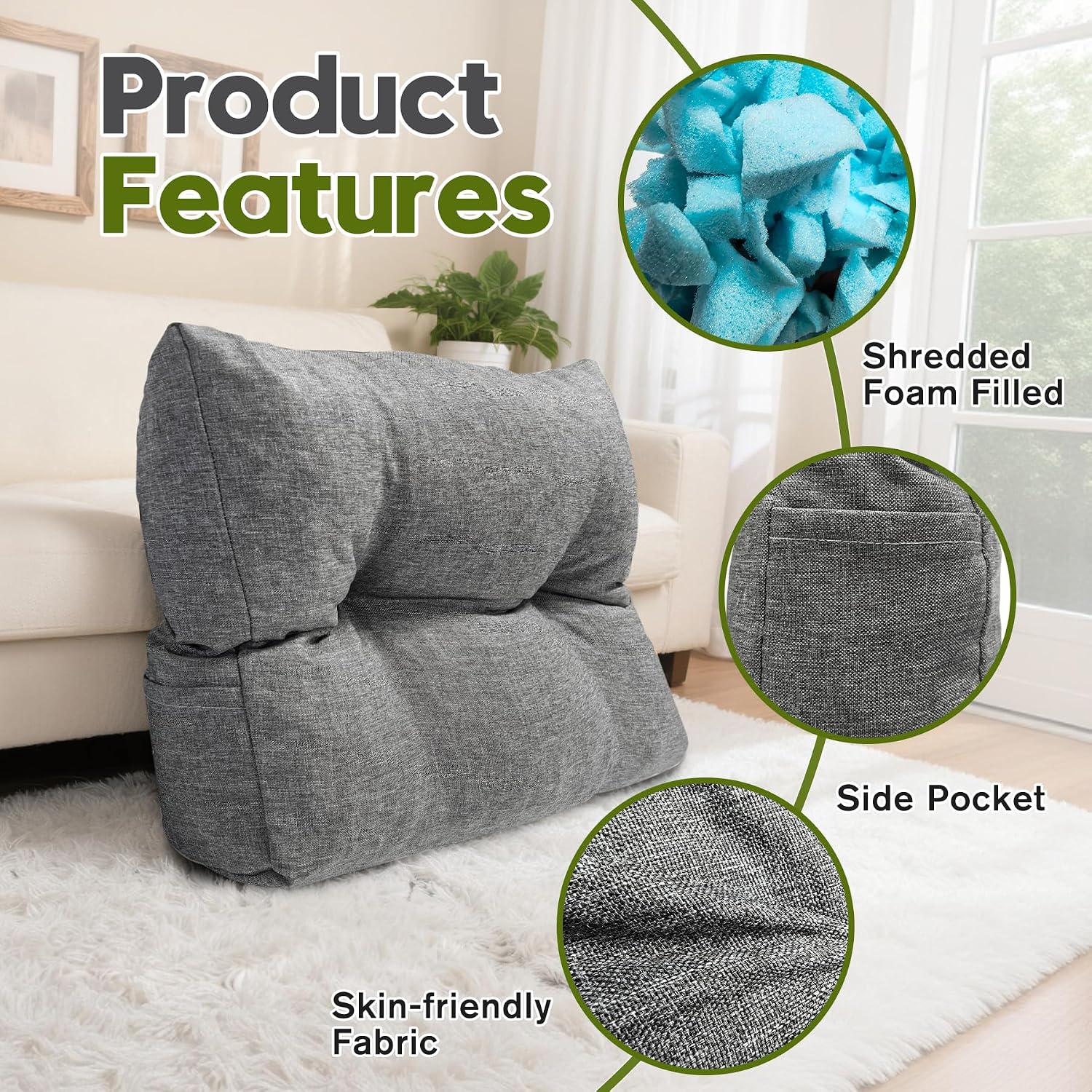 Back Cushion for Couch Wedge Lumbar Support Backrest Pillow with Shredded Foam Filled and Side Pocket Sofa Back Cushions for Sitting &…