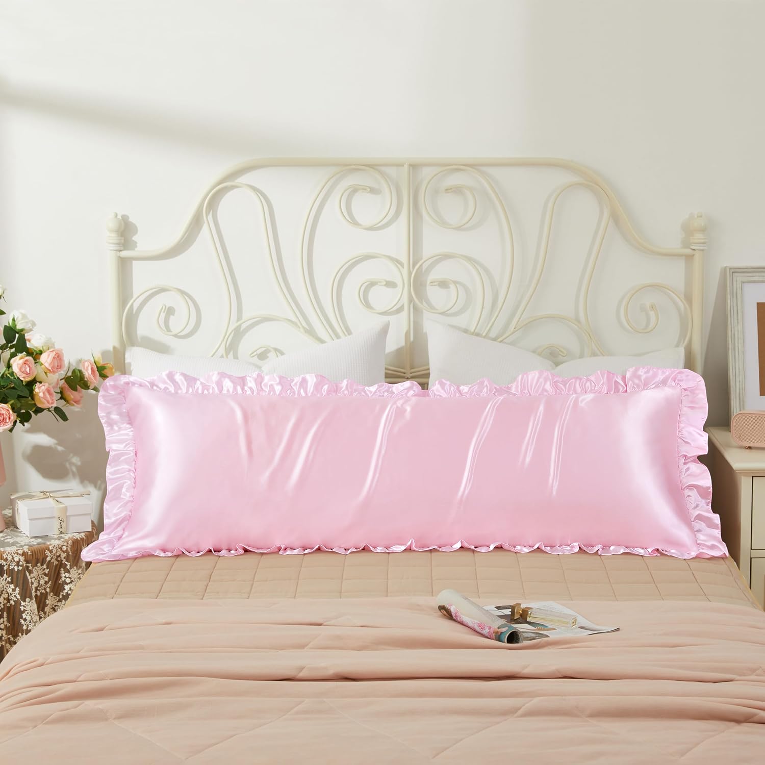HommxJF Pink Satin Pillowcases Body Pillow for Hair and Skin, Pink Body Pillow Silk Pillowcase with Envelope Closure Princess Room Decoratio…