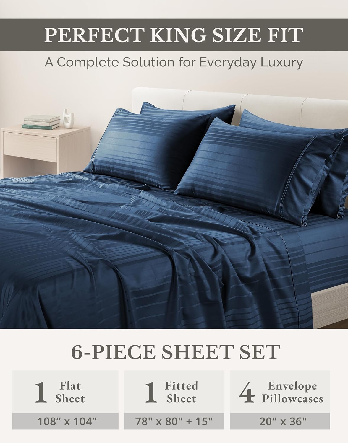 Casa Platino 100% Cotton Sheets King Size - 6 Pcs (1 Flat, 1 Fitted, 4 Pillowcases) - Striped 500 TC - Super Soft & Breathable, Ultra…