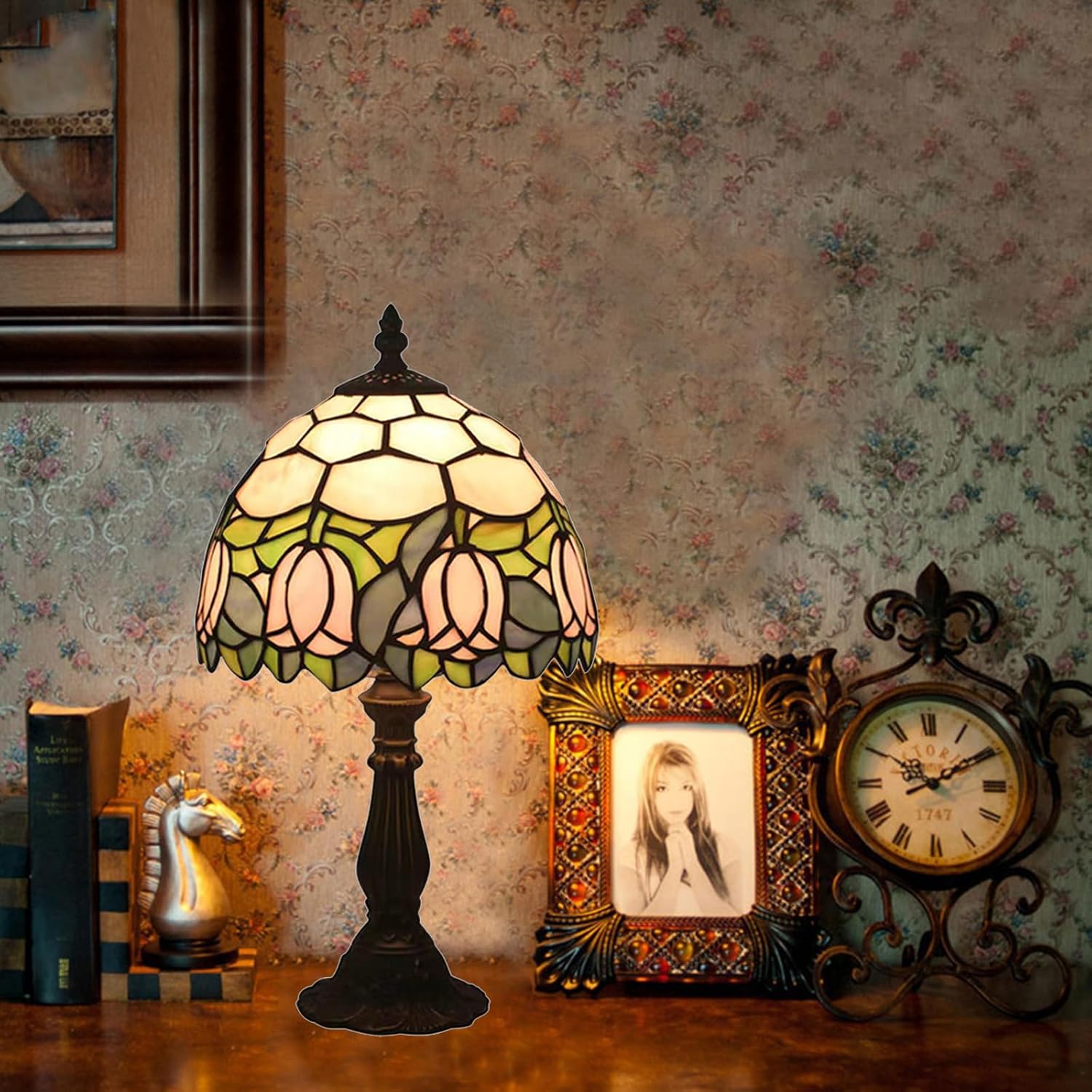 Tiffany Style Table Lamp, Pink Tulip Stained Glass Lamp, 8 Inch Small Antique Lamp, for Bedside Nightstand Bedroom Living Room Home…