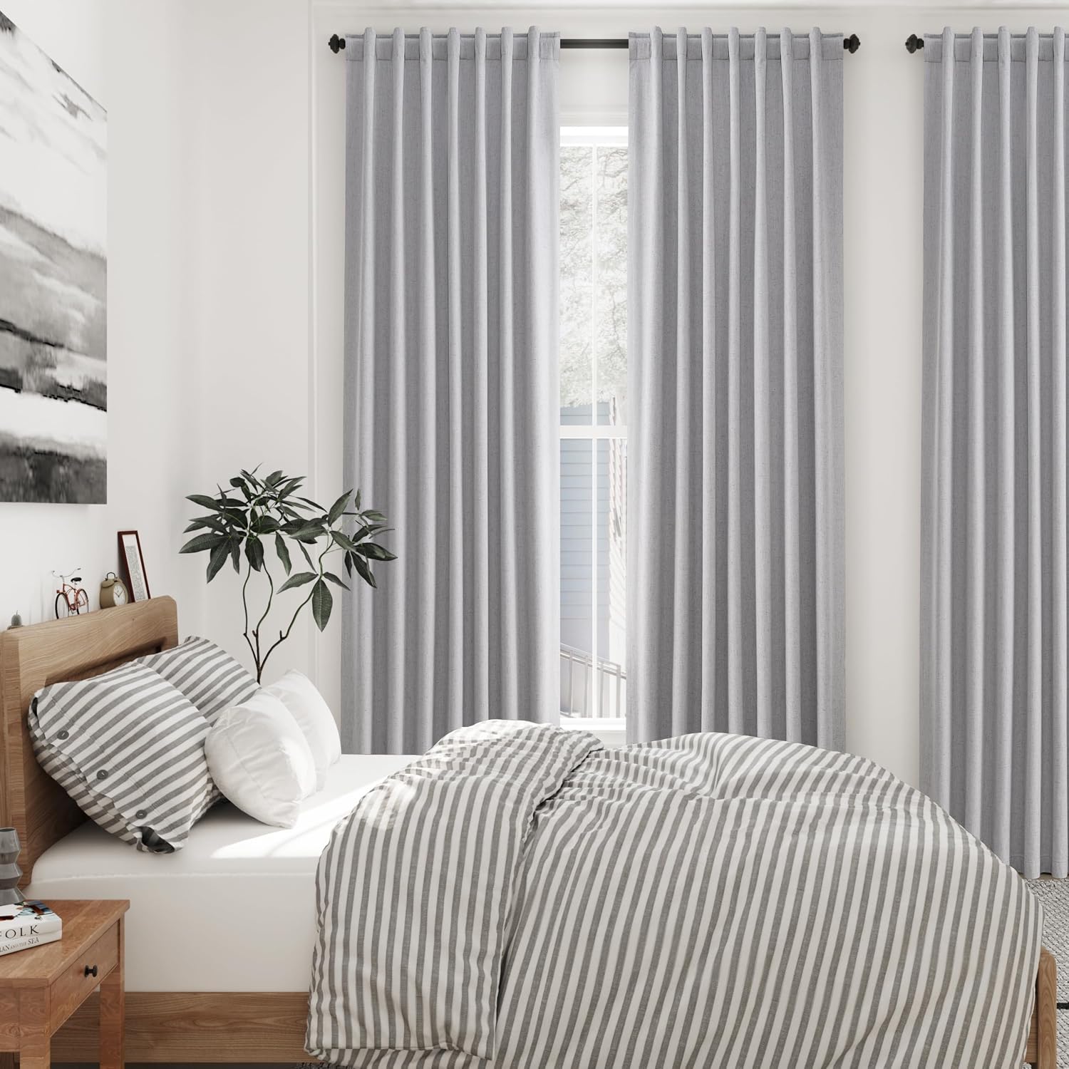 Nanspring Light Grey 100% Blackout Linen Curtains 96 Inches Long for Bedroom Back Tab Thermal Insulated Modern Luxury Simple Black Out Curt…