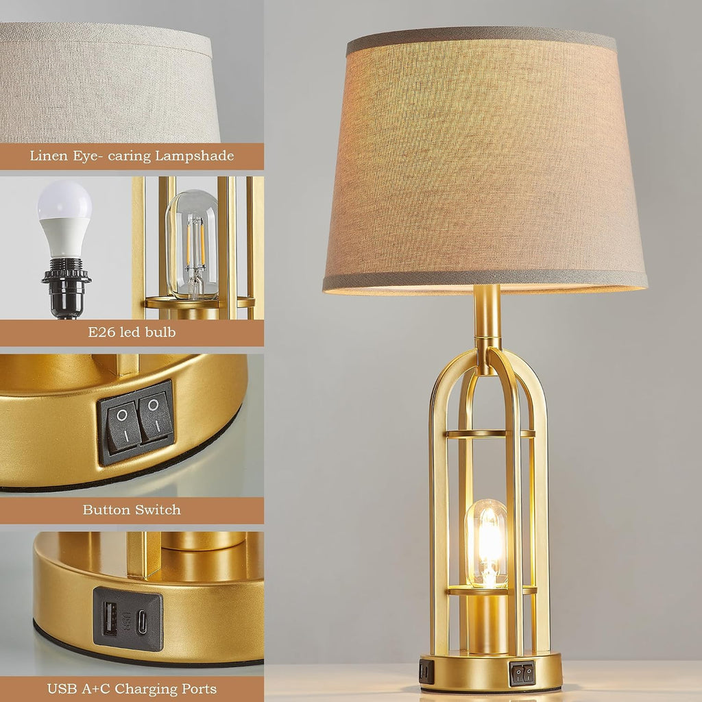SRJJA Gold Table Lamps for Living Room Set of 2 - Modern Farmhouse Bedside Lamps for Bedroom Night Stands with Nightlight and USB A+C…