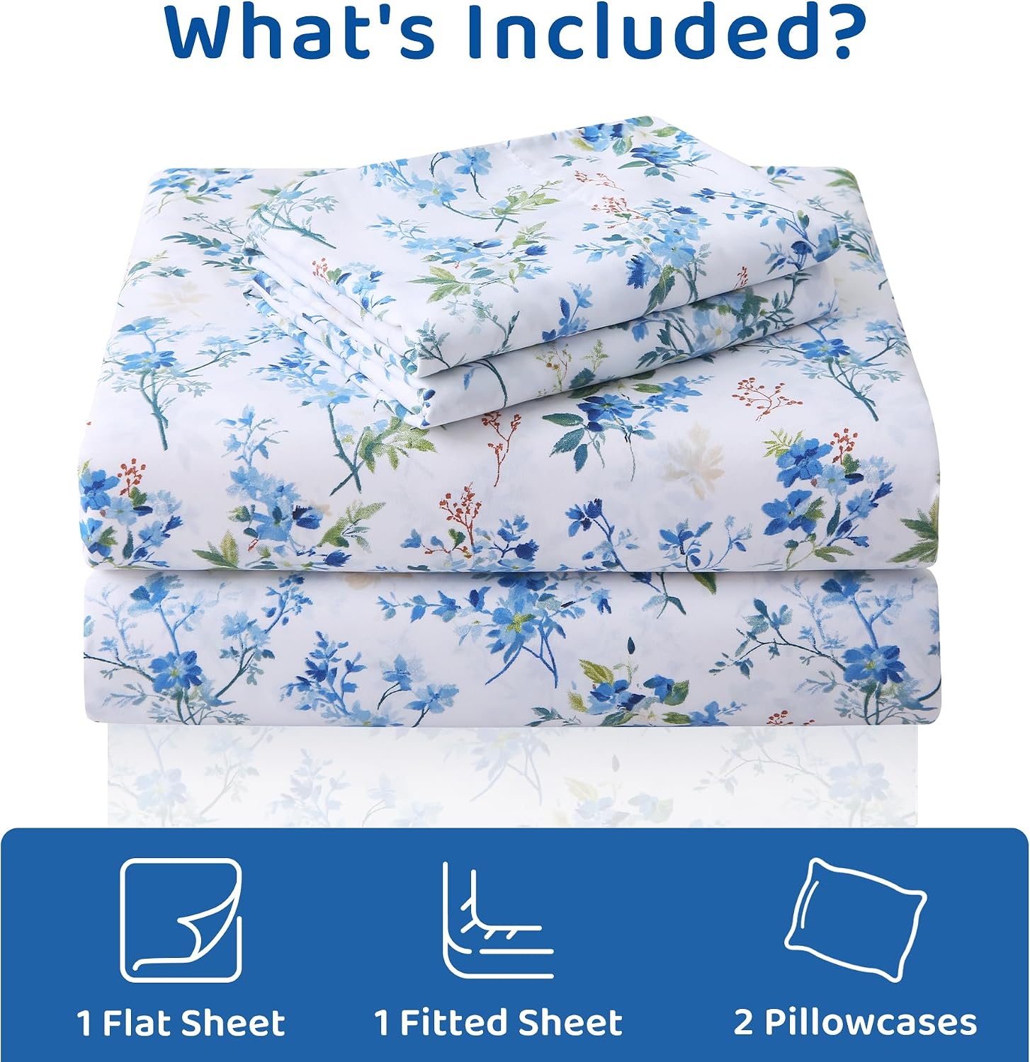 mooreeke Cozy Vintage Microfiber Printed Queen Sheet Set - Soft & Breathable Percale Blue Green Floral Bed Sheets with Extra Deep Pocket -…