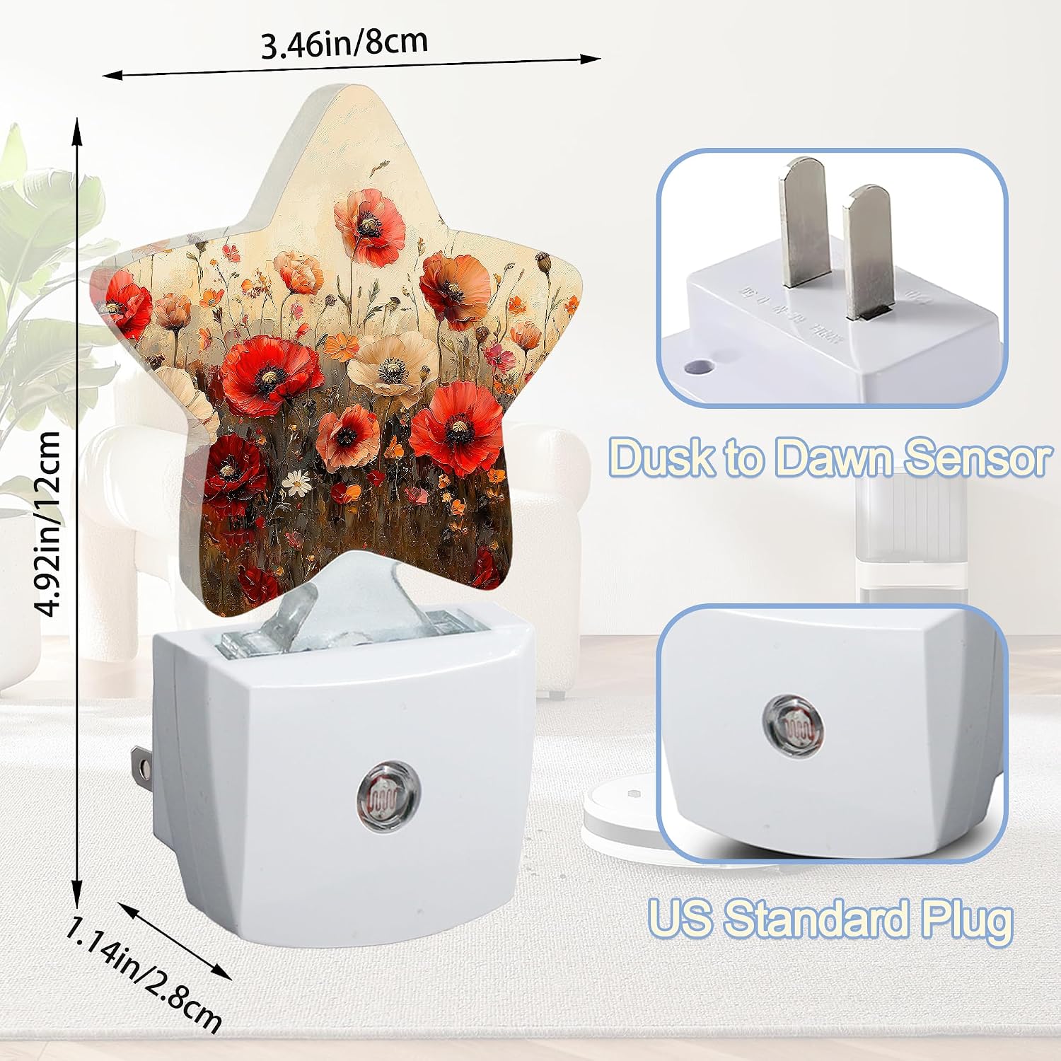 Snowmolle Night Light, Red Poppy Flower Plug into Wall with Dusk to Dawn Light Sensors, Vintage Floral Warm Star Nightlights for Bedroom, Bath…