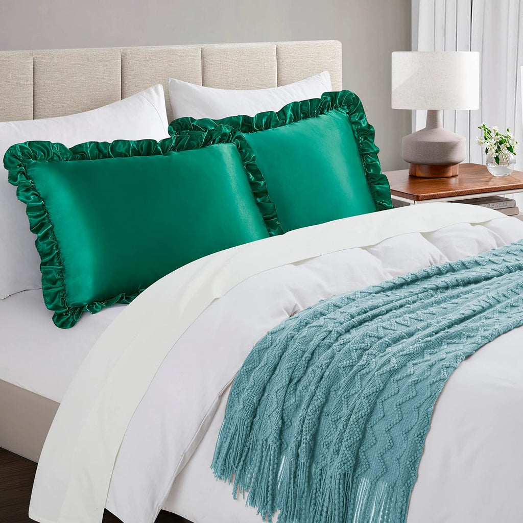 HommxJF Silky Satin Ruffled Pillow Cases for Hair and Skin, Blackish Green Silk Pillowcases Standard Set of 2 with Envelope Closure Princess…