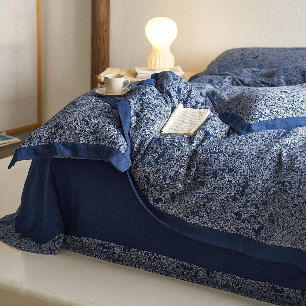 mixinni Muslin Cotton Vintage Navy Blue Paisley Floral Duvet Cover Queen Size 3pcs Yarn Dyed Burgundy Jacquard Weave Bedding Comforter Cove…