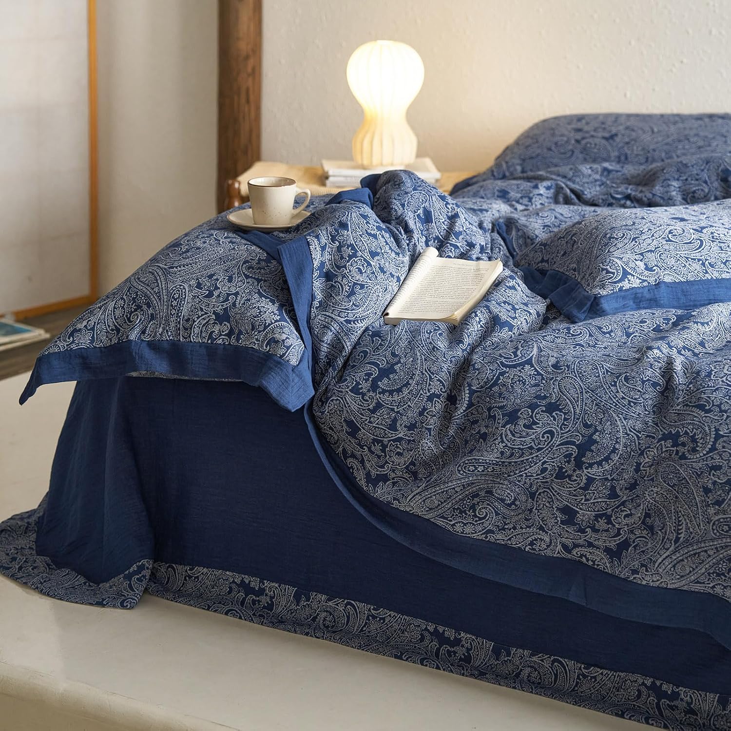mixinni Muslin Cotton Vintage Navy Blue Paisley Floral Duvet Cover Queen Size 3pcs Yarn Dyed Burgundy Jacquard Weave Bedding Comforter Cove…
