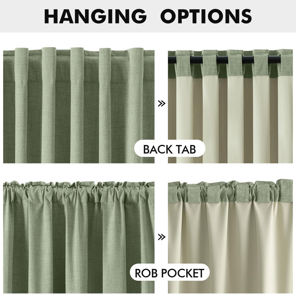 Miulee 100% Blackout Linen Curtains for Bedroom, Sage Green Solid Luxury Decor Thermal Insulation Room Darkening Drapes for Living Room Nur…