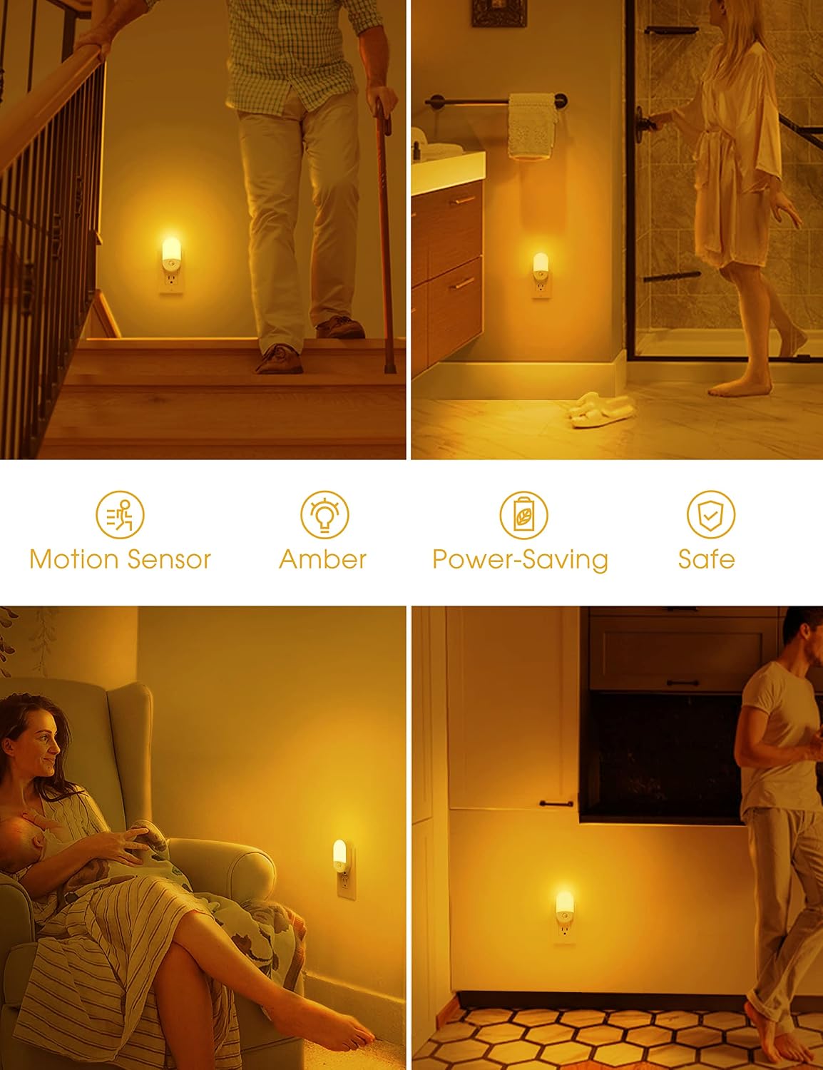 Llohasled L LOHAS LED Amber Night Light, 2 Pack, Night Lights Plug into Wall Motion Sensor, 0.6W 2000K, LED Nightlights, 30/60LM Adjustable…